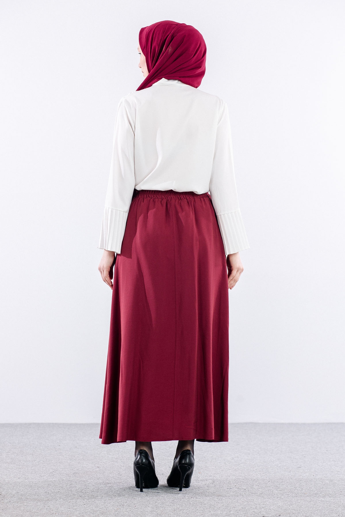 3633 Etek 38-48 Tencel Kumaş - Bordo - 5