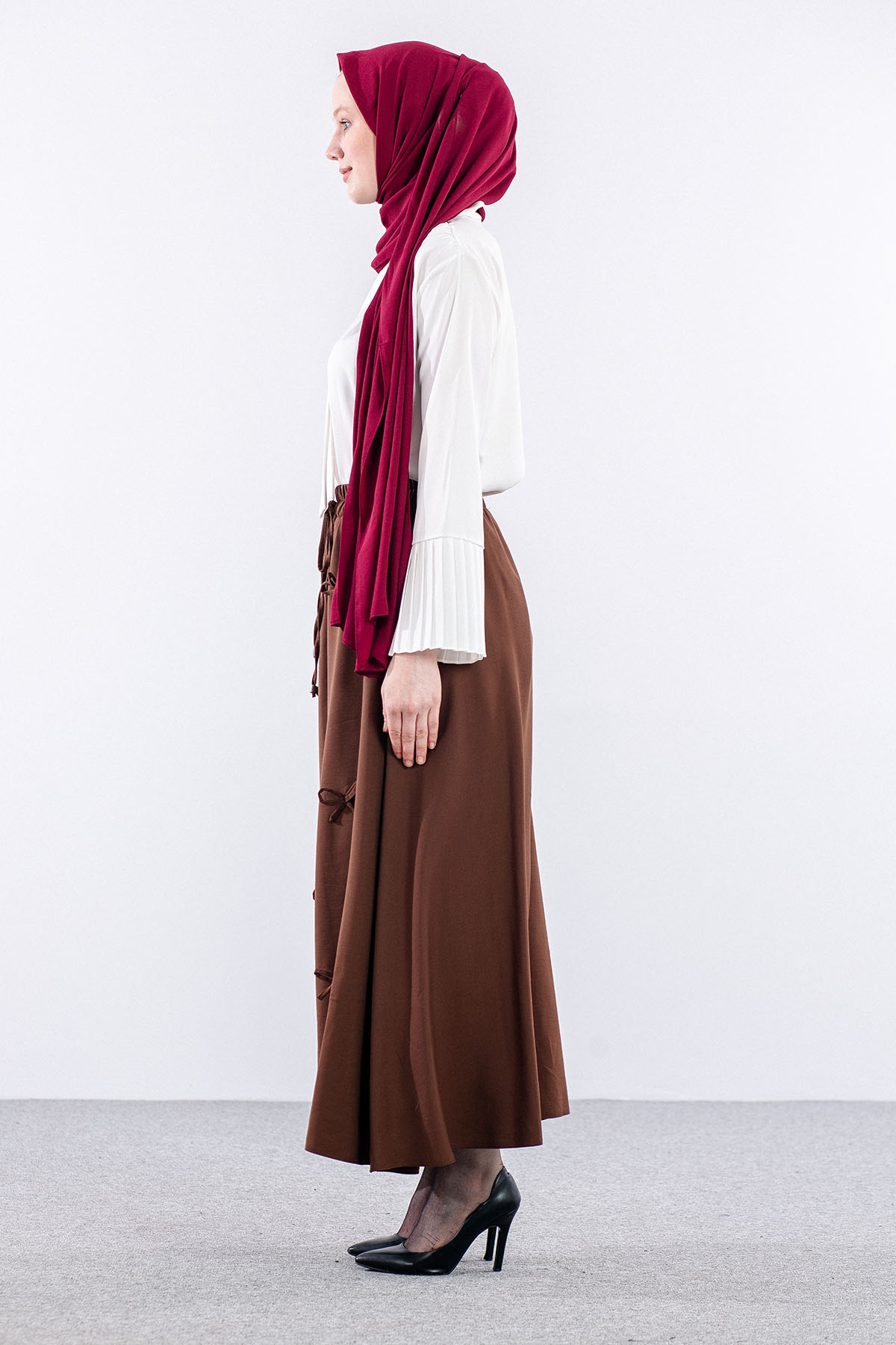 3633 Etek 38-48 Tencel Kumaş - Kahve - 4