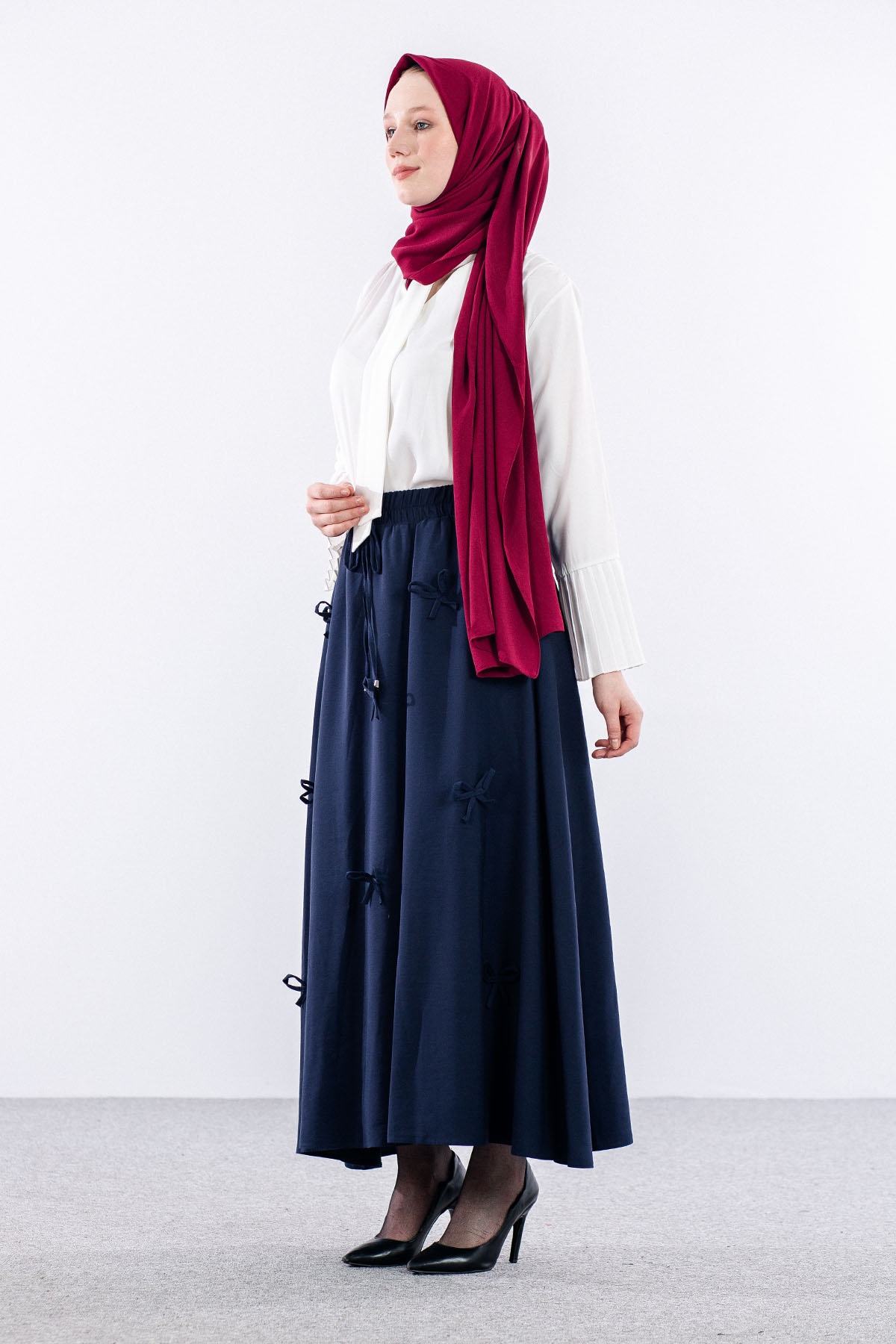 3633 Etek 38-48 Tencel Kumaş - Lacivert - 4