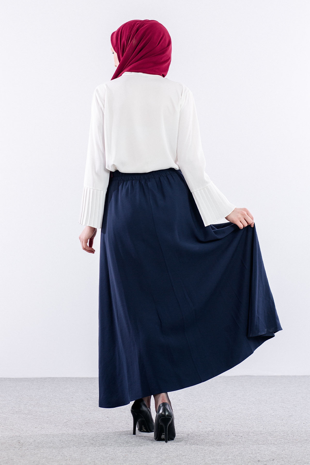 3633 Etek 38-48 Tencel Kumaş - Lacivert - 5