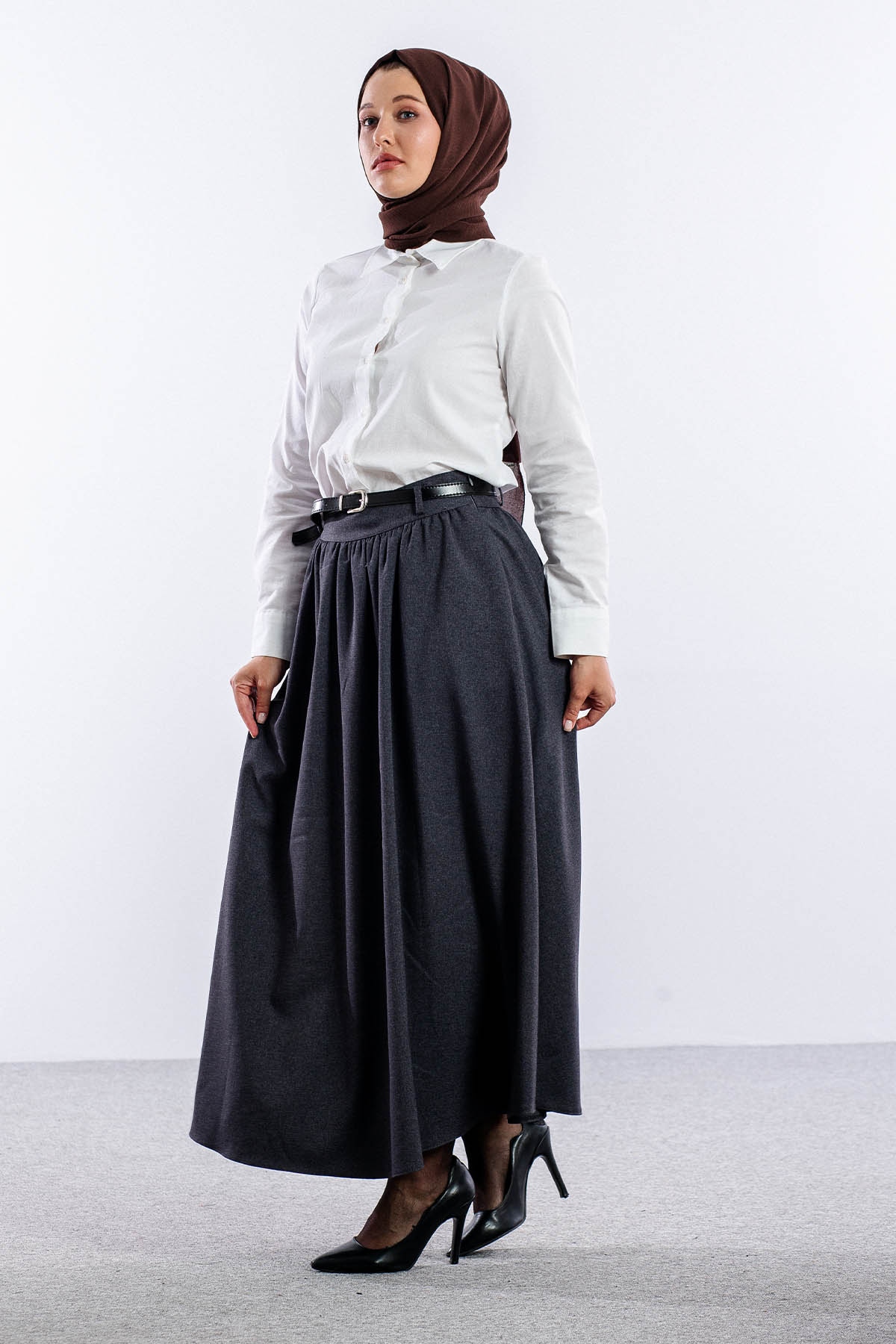 3672 Etek 38-48 Kis Kumas - Gri - 3