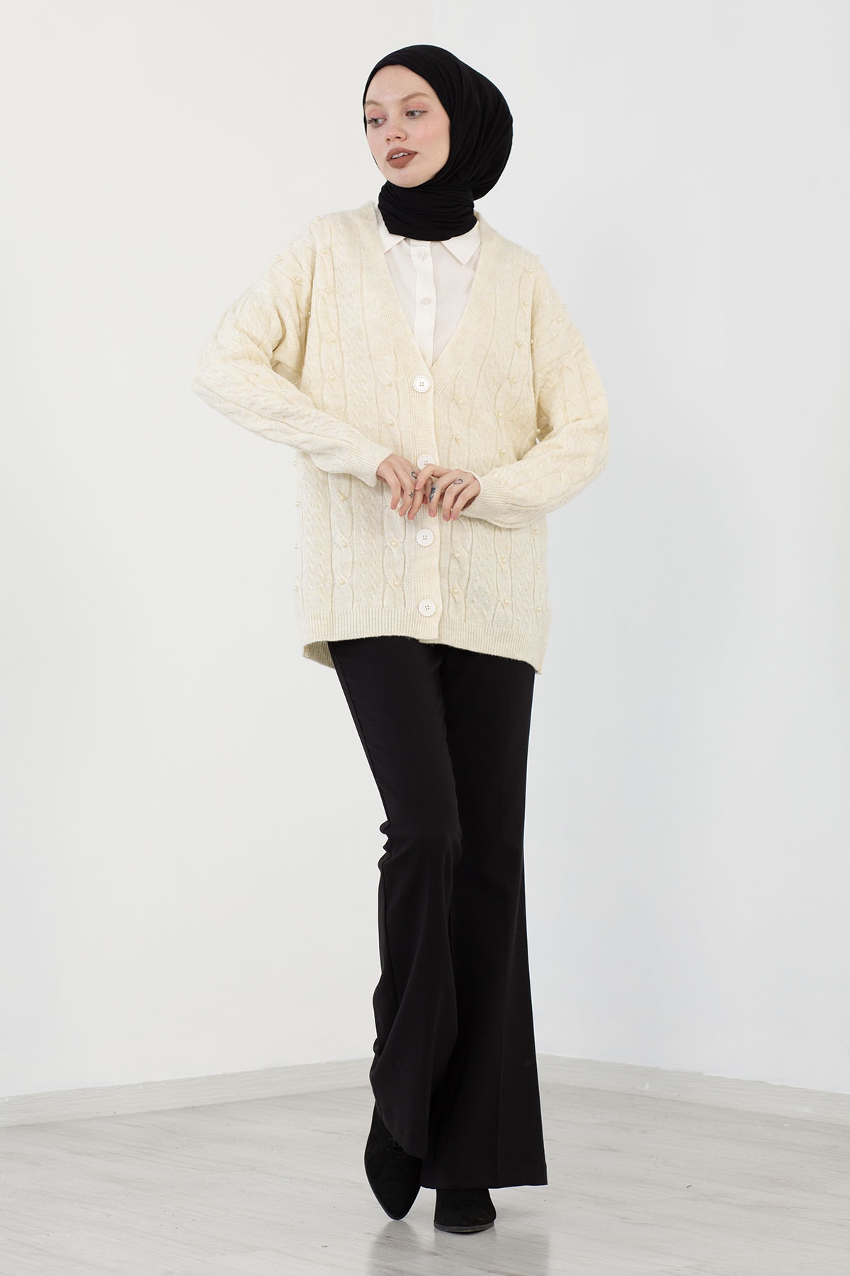 3694 İncili Hirka Tek - Krem - 2