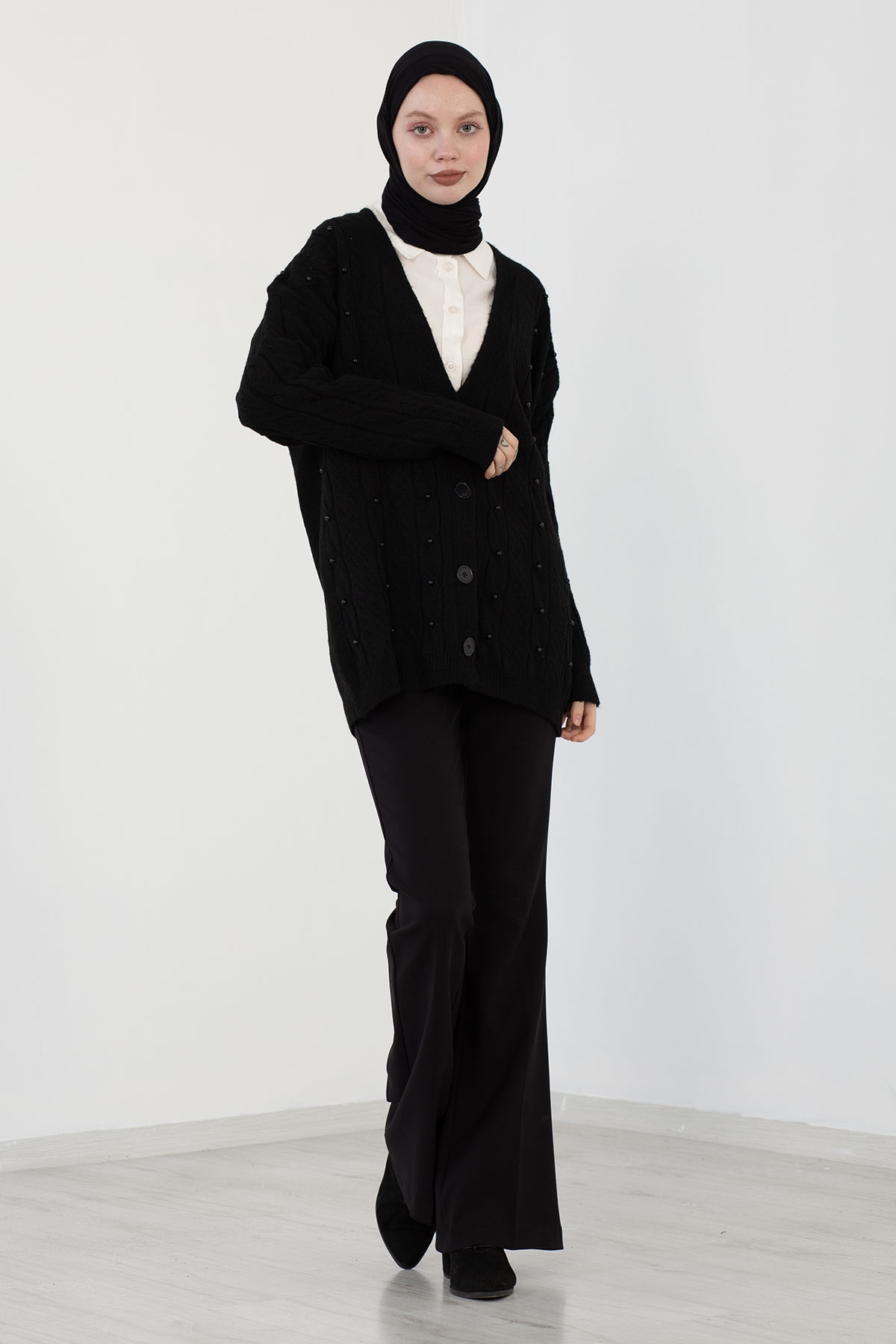 3694 İncili Hirka Tek - Siyah - 1