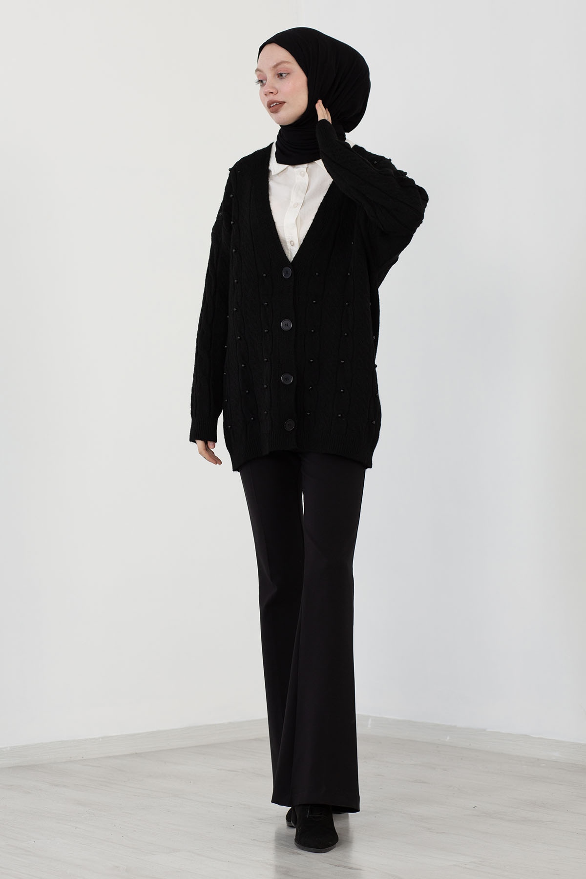 3694 İncili Hirka Tek - Siyah - 2