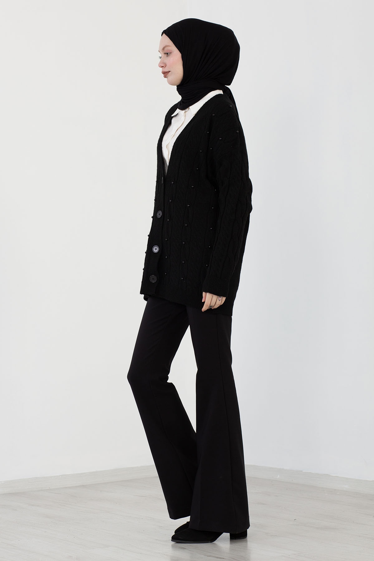 3694 İncili Hirka Tek - Siyah - 3