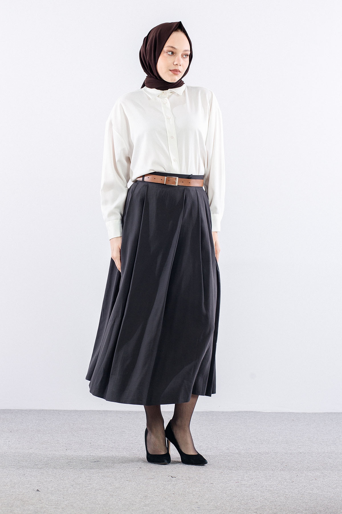 3734 Kloş Etek 38-46 Kemerli̇ - Gri - 3