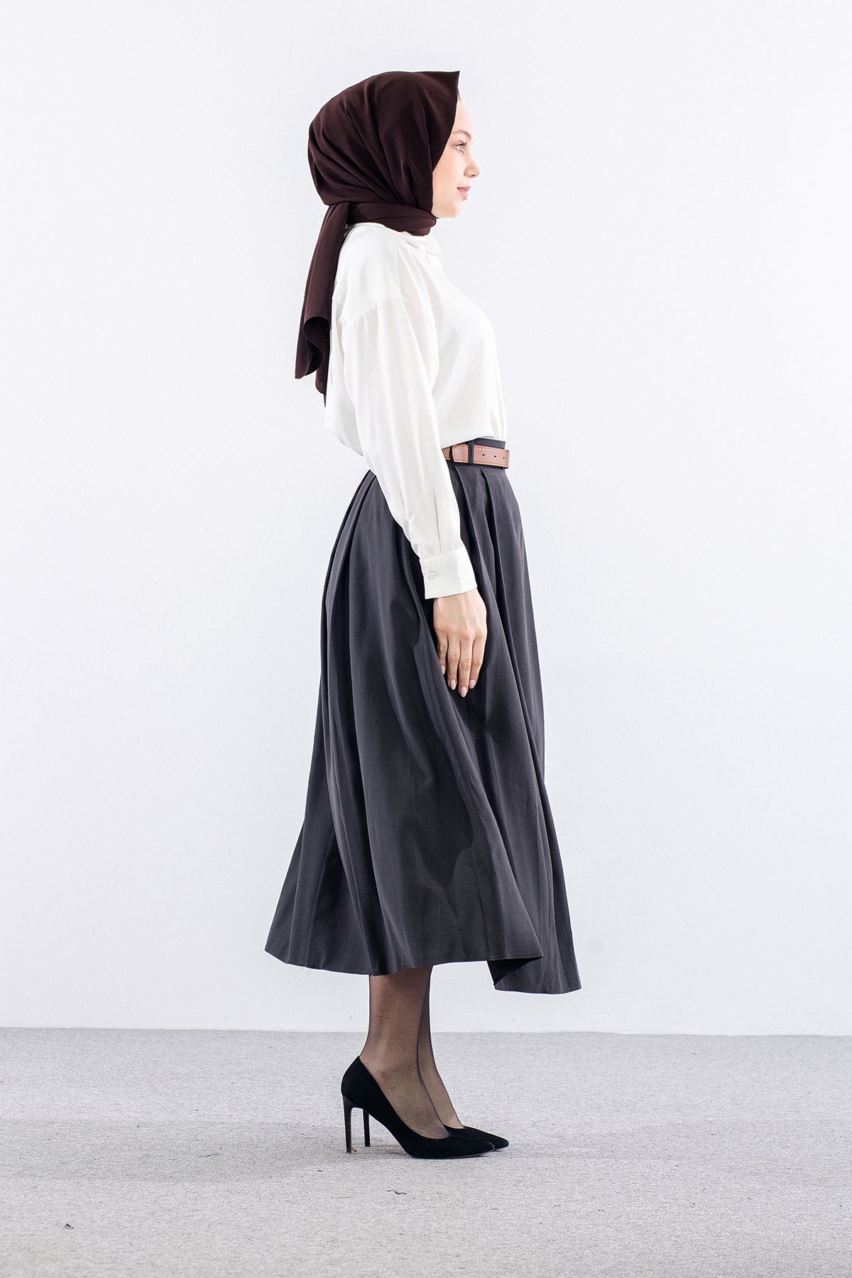 3734 Kloş Etek 38-46 Kemerli̇ - Gri - 4