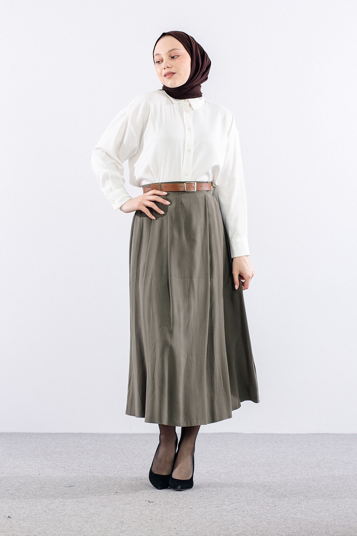 3734 Kloş Etek 38-46 Kemerli̇ - Haki - 1