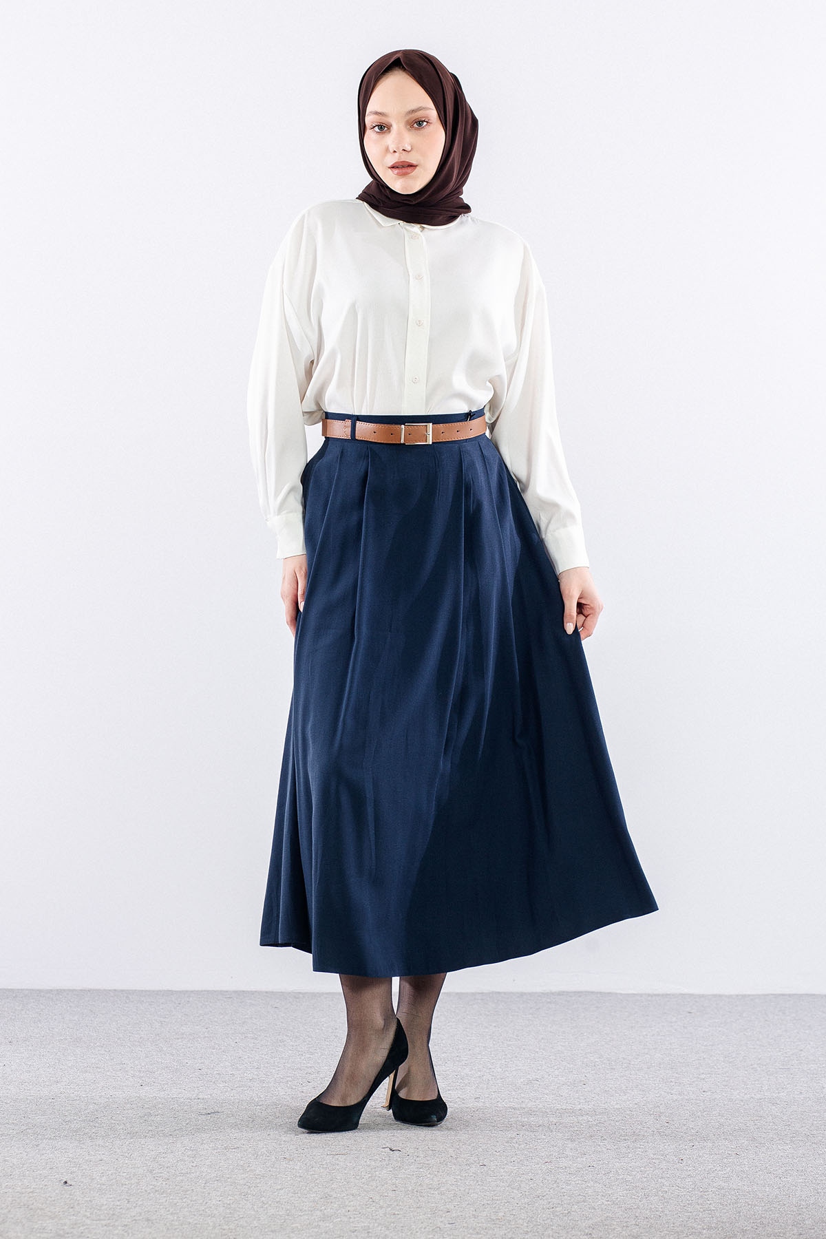 3734 Kloş Etek 38-46 Kemerli̇ - Lacivert - 1