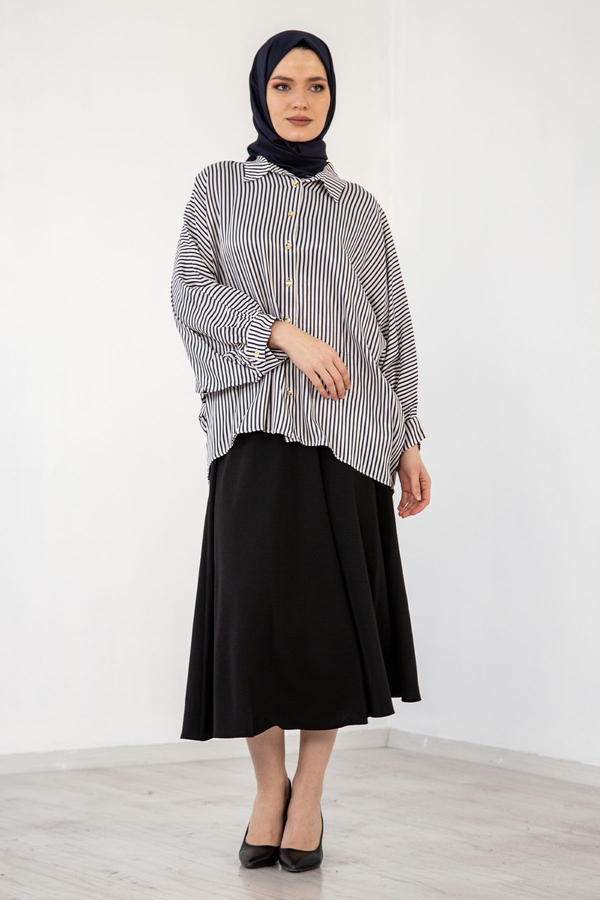 3786 çizgili Gömlek 38-44 - Lacivert_beyaz - 1