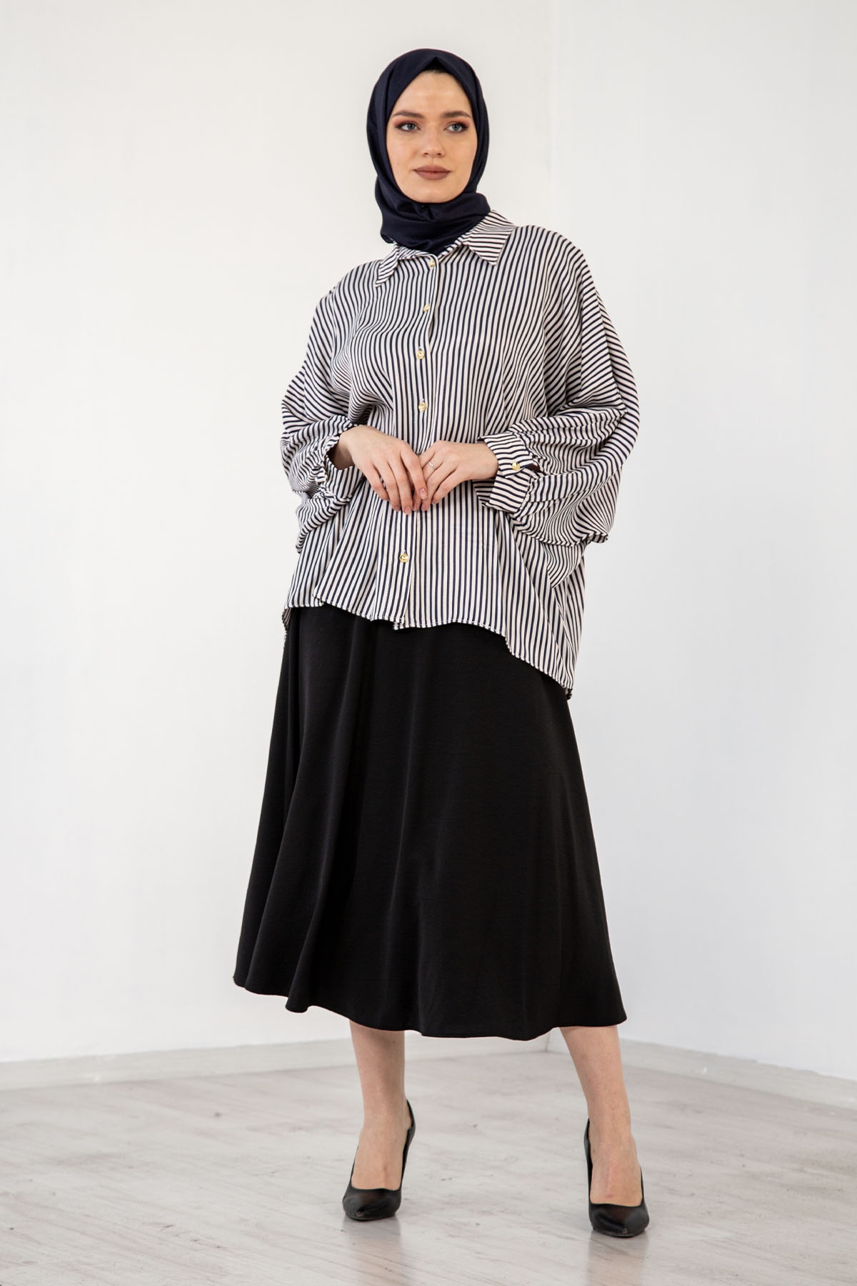 3786 çizgili Gömlek 38-44 - Lacivert_beyaz - 2