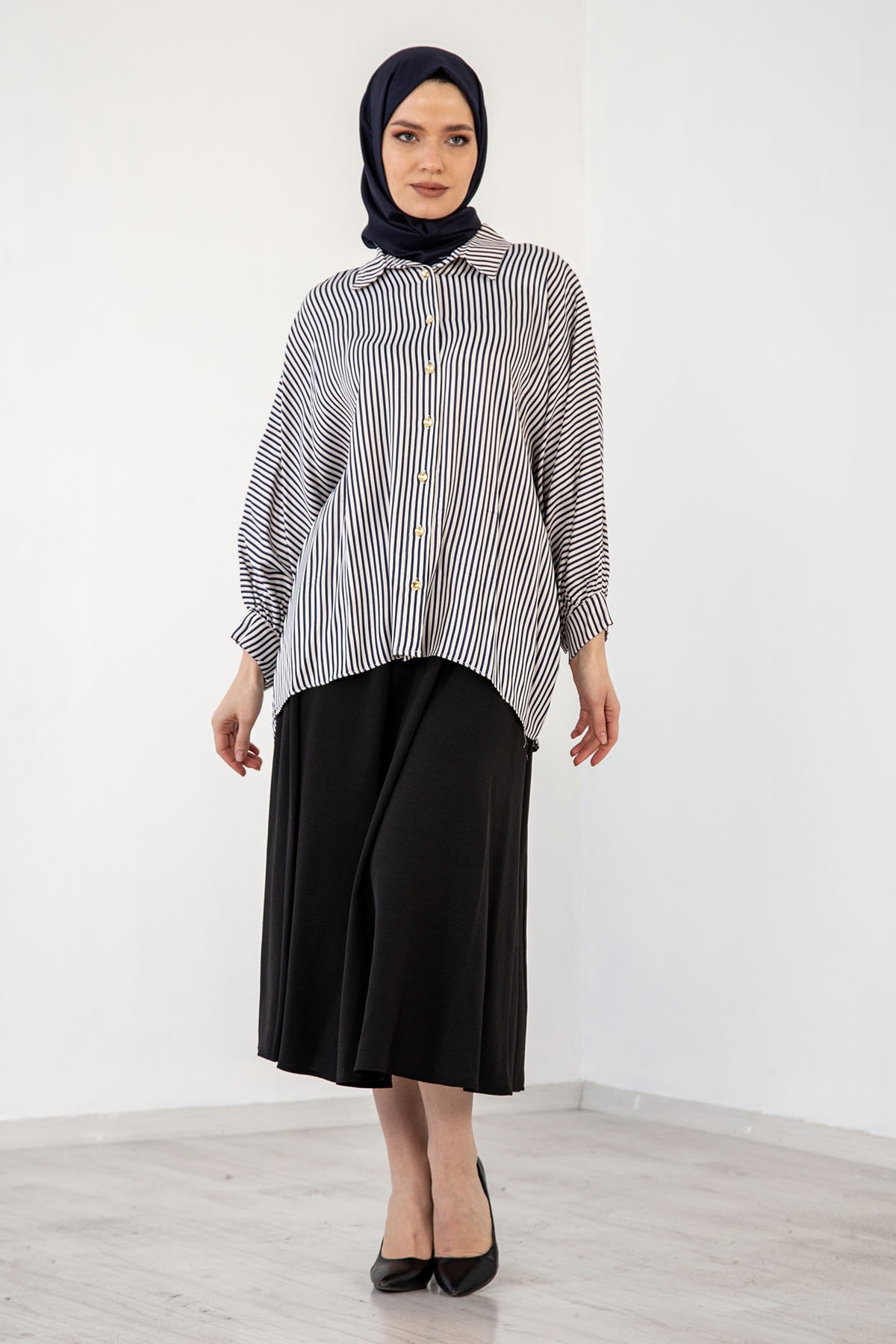 3786 çizgili Gömlek 38-44 - Lacivert_beyaz - 3