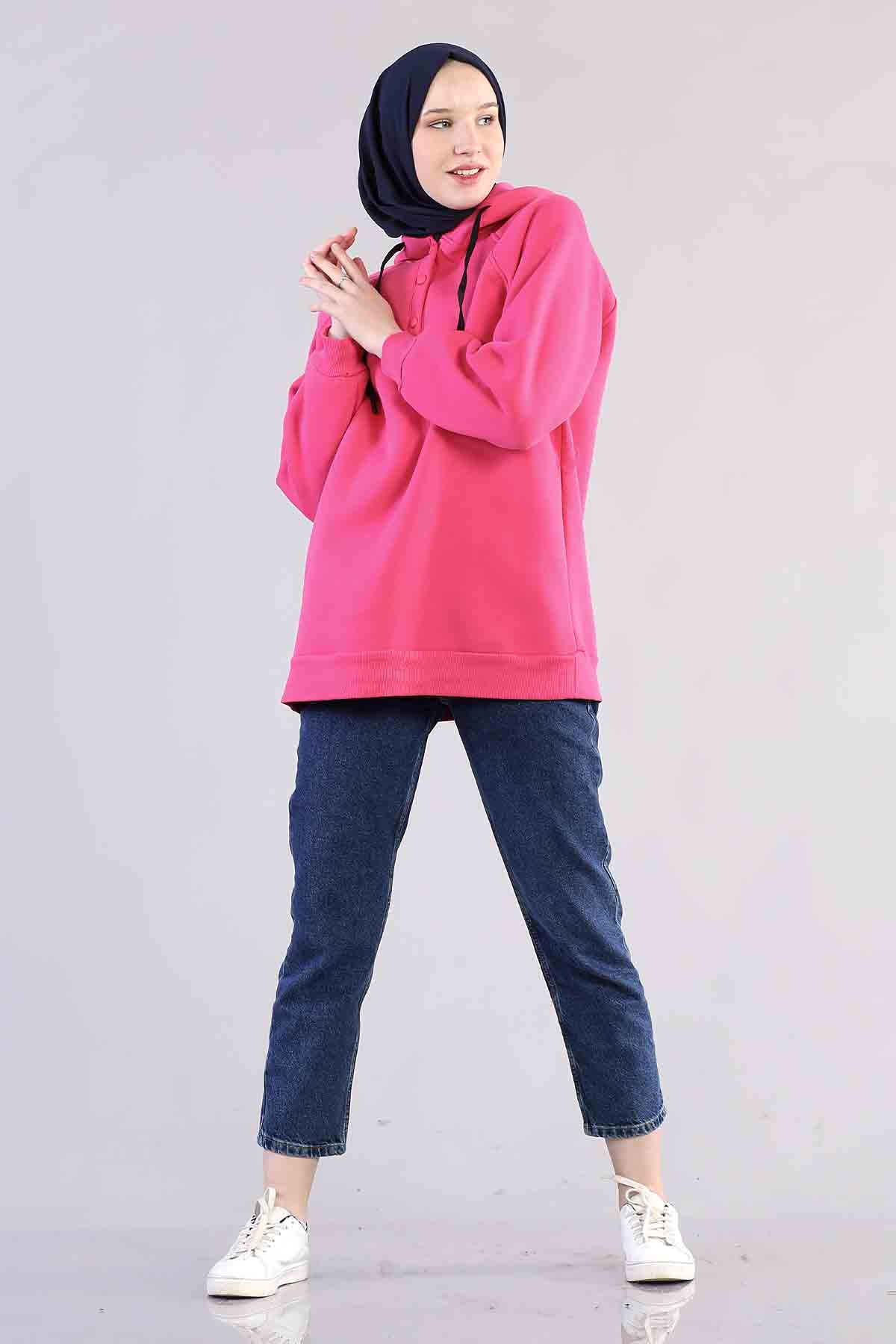 3804 Kapşonlu Tunik Tek - Fusya - 1