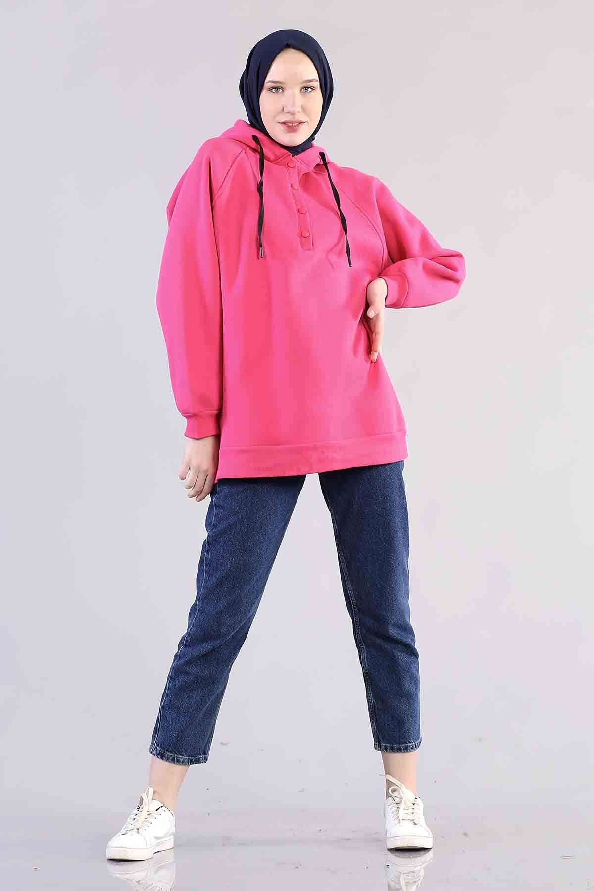 3804 Kapşonlu Tunik Tek - Fusya - 2