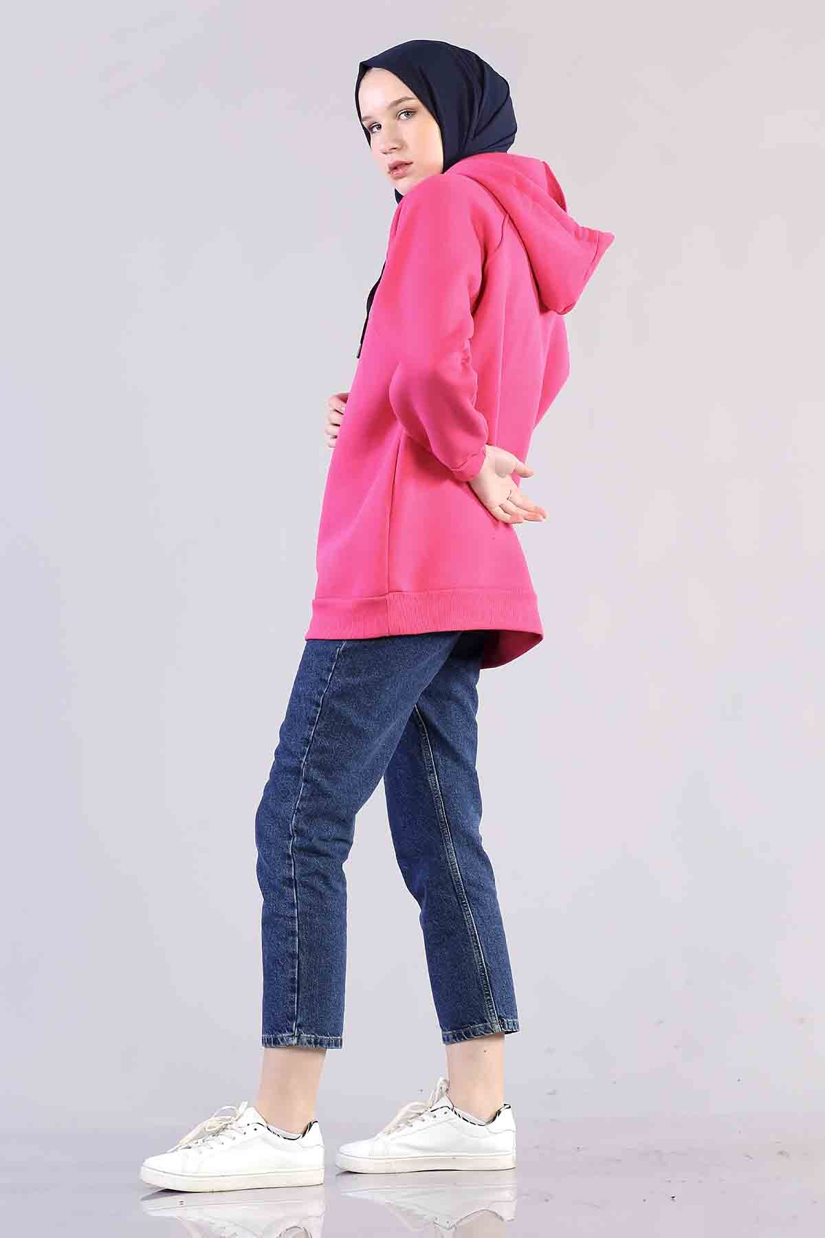 3804 Kapşonlu Tunik Tek - Fusya - 3