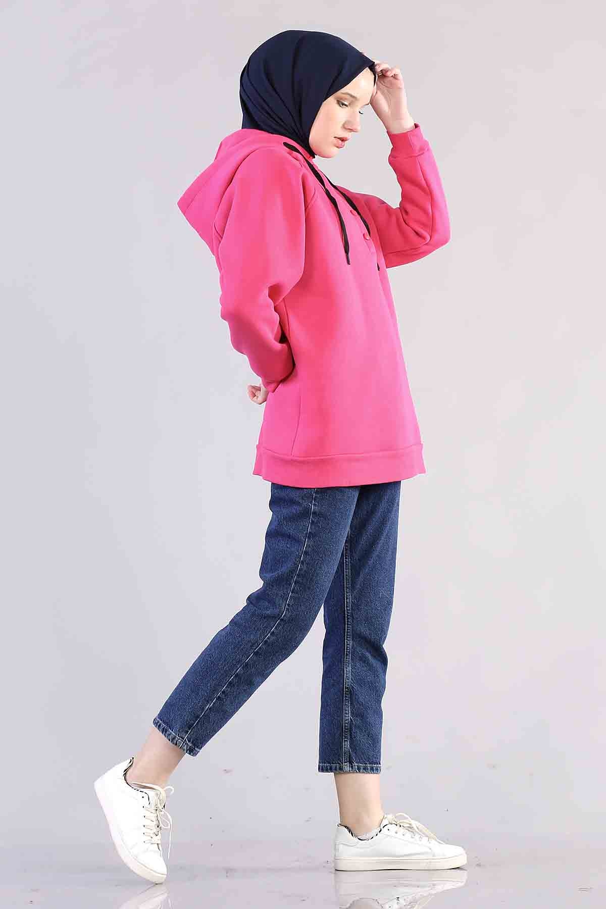 3804 Kapşonlu Tunik Tek - Fusya - 4