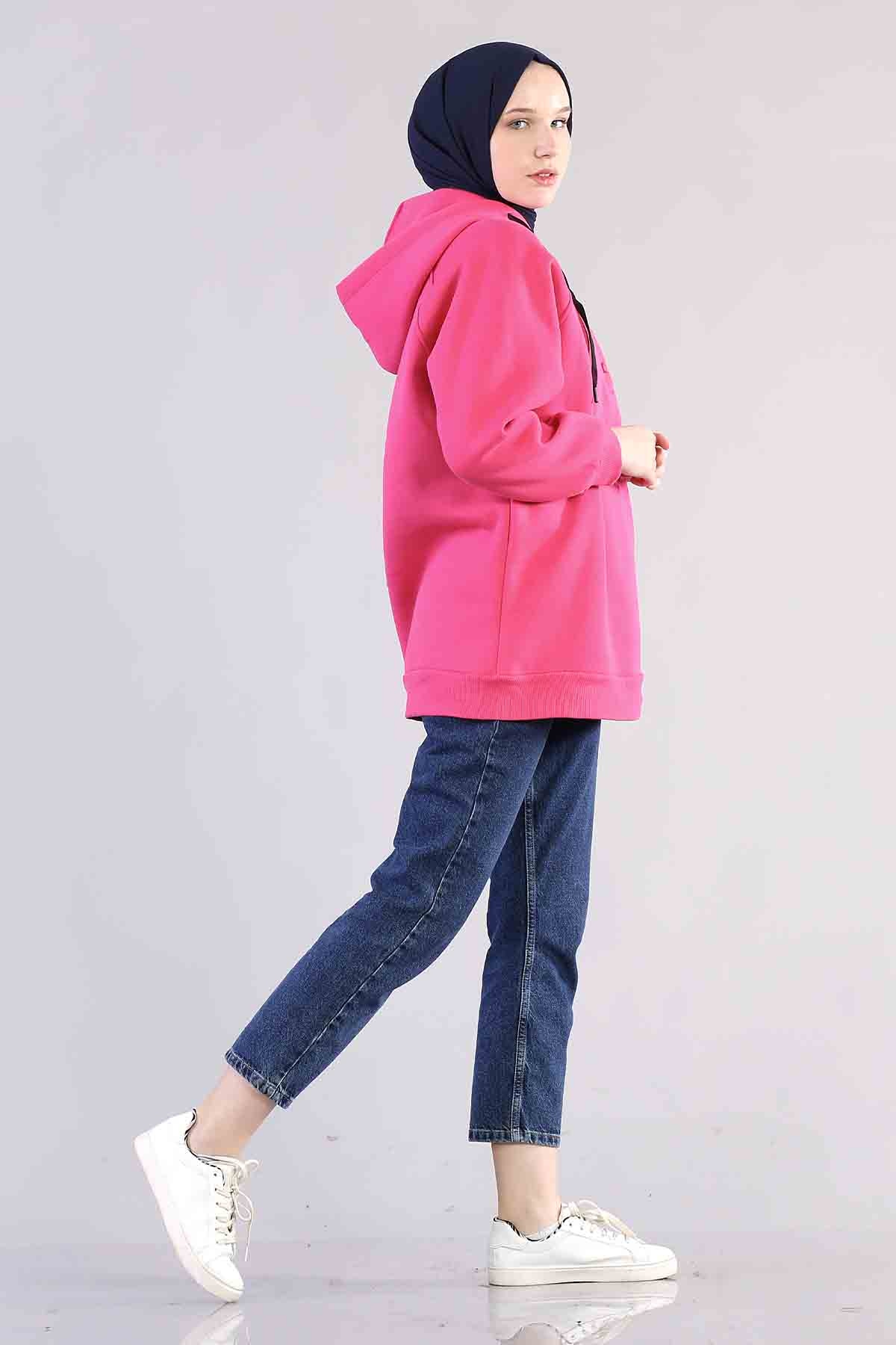 3804 Kapşonlu Tunik Tek - Fusya - 5