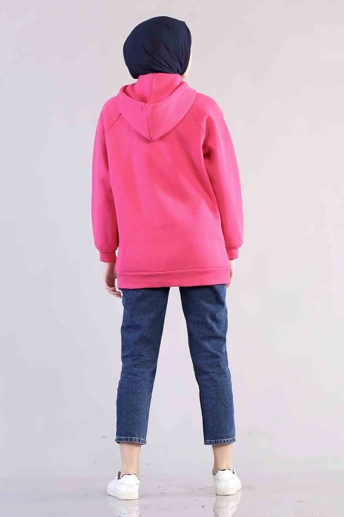 3804 Kapşonlu Tunik Tek - Fusya - 6