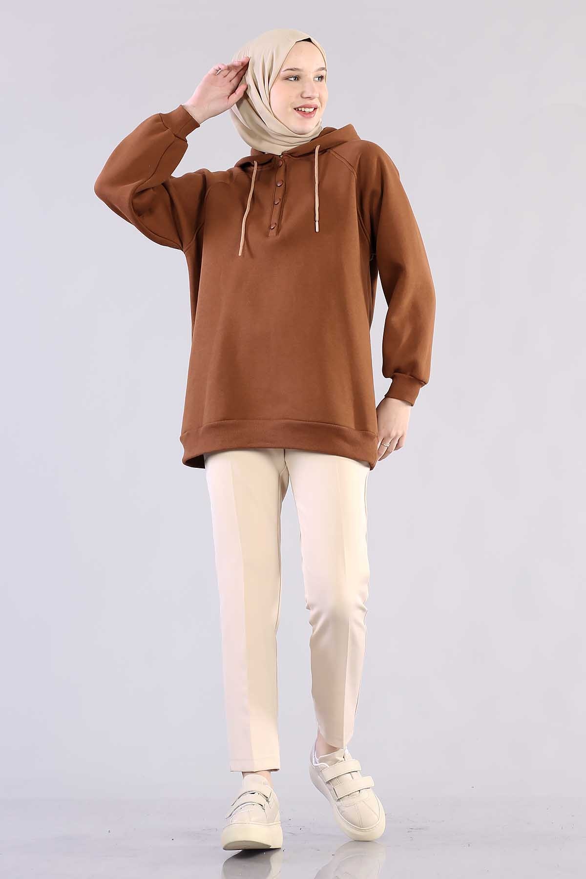 3804 Kapşonlu Tunik Tek - Kahve - 1