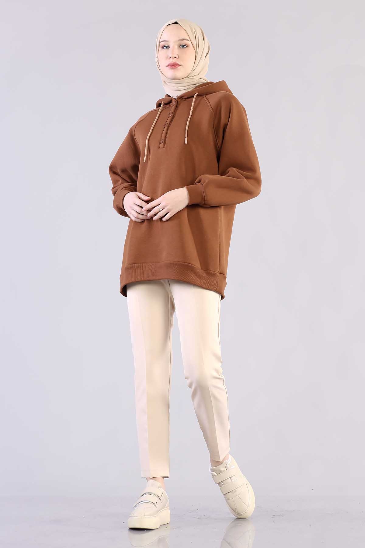 3804 Kapşonlu Tunik Tek - Kahve - 2