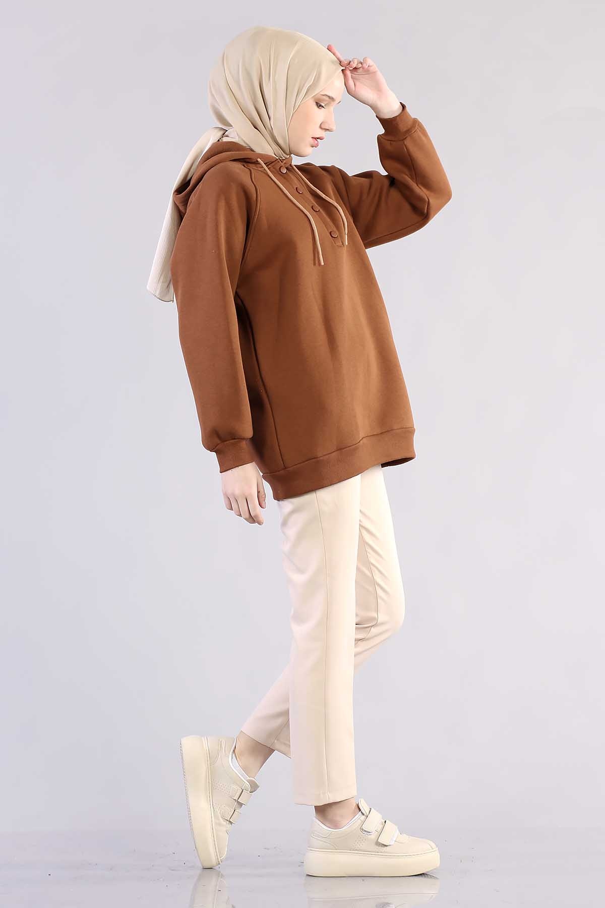 3804 Kapşonlu Tunik Tek - Kahve - 4