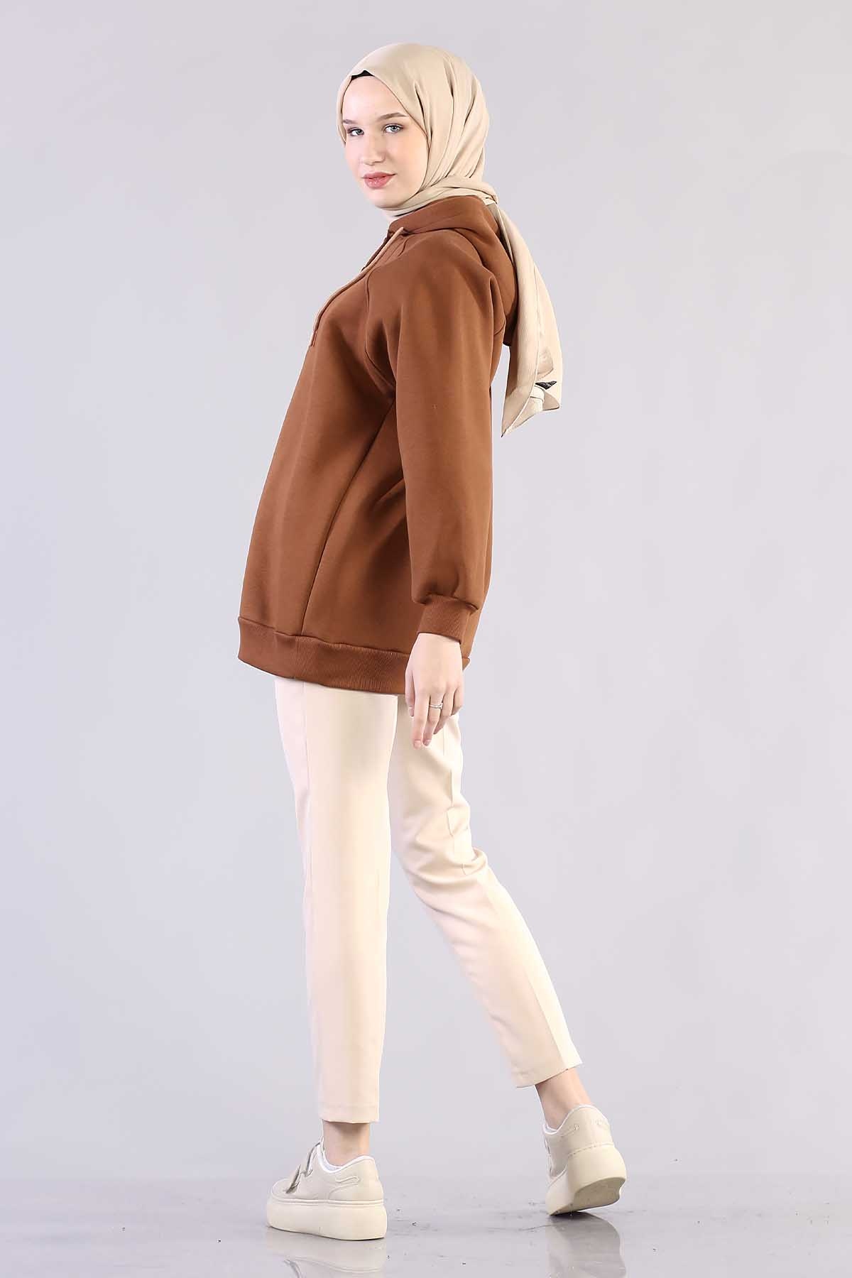 3804 Kapşonlu Tunik Tek - Kahve - 5