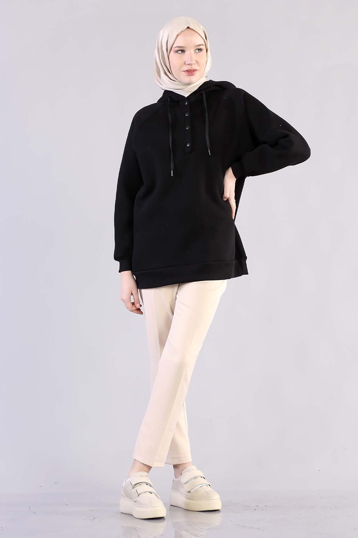 3804 Kapşonlu Tunik Tek - Siyah - 1