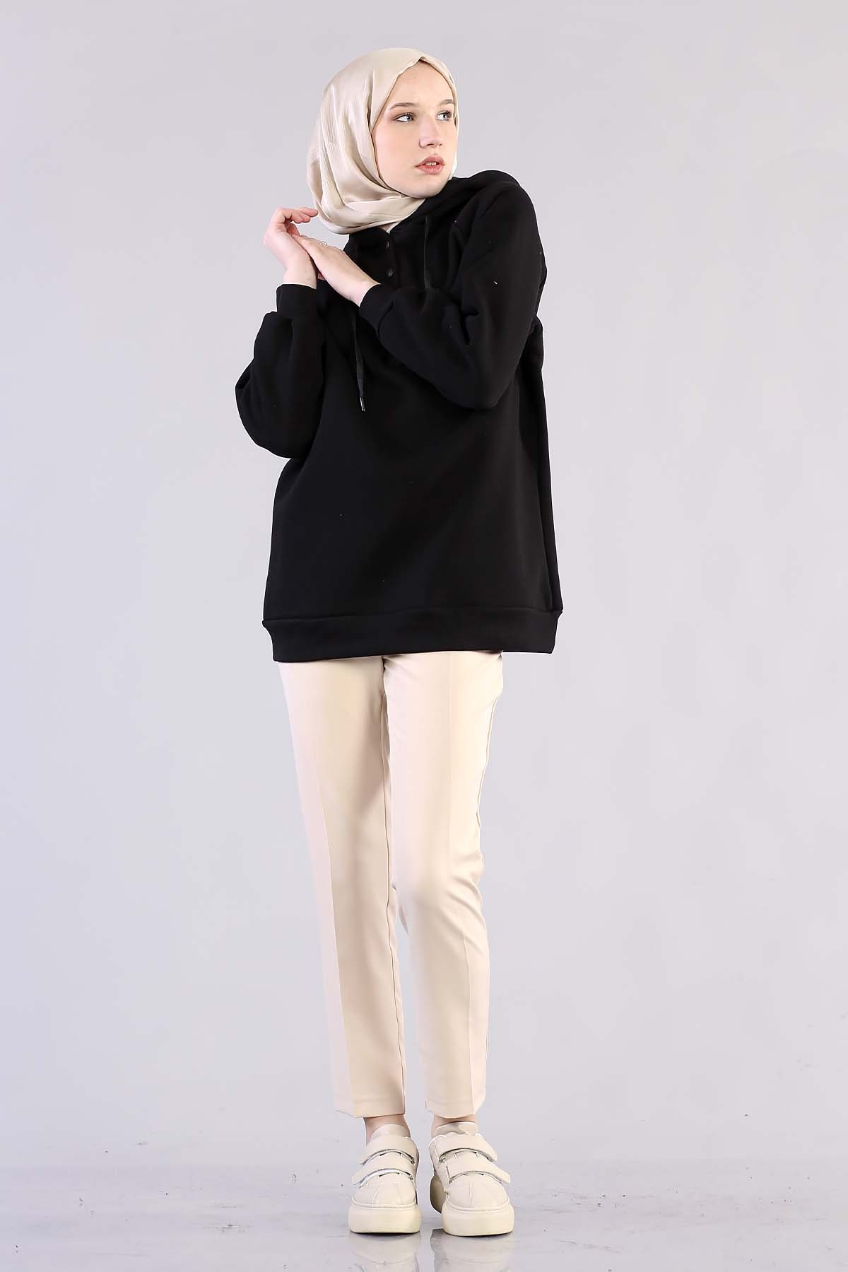 3804 Kapşonlu Tunik Tek - Siyah - 2