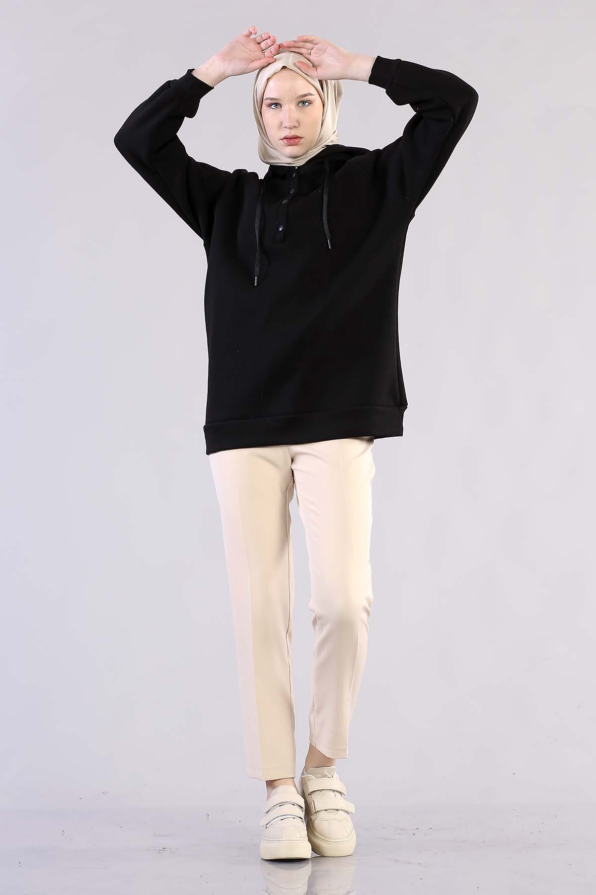 3804 Kapşonlu Tunik Tek - Siyah - 3