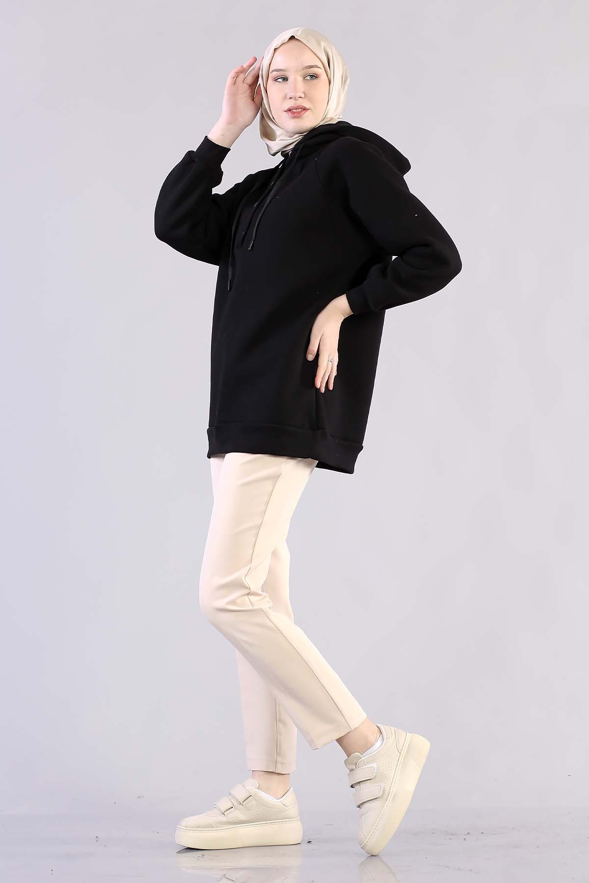 3804 Kapşonlu Tunik Tek - Siyah - 4