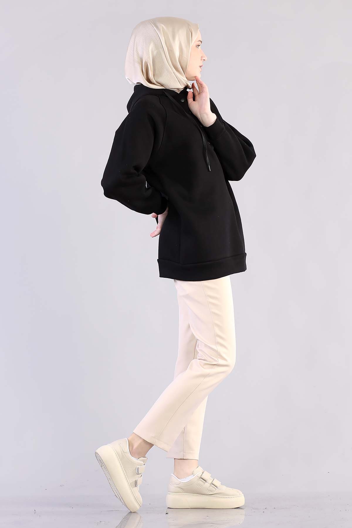 3804 Kapşonlu Tunik Tek - Siyah - 5