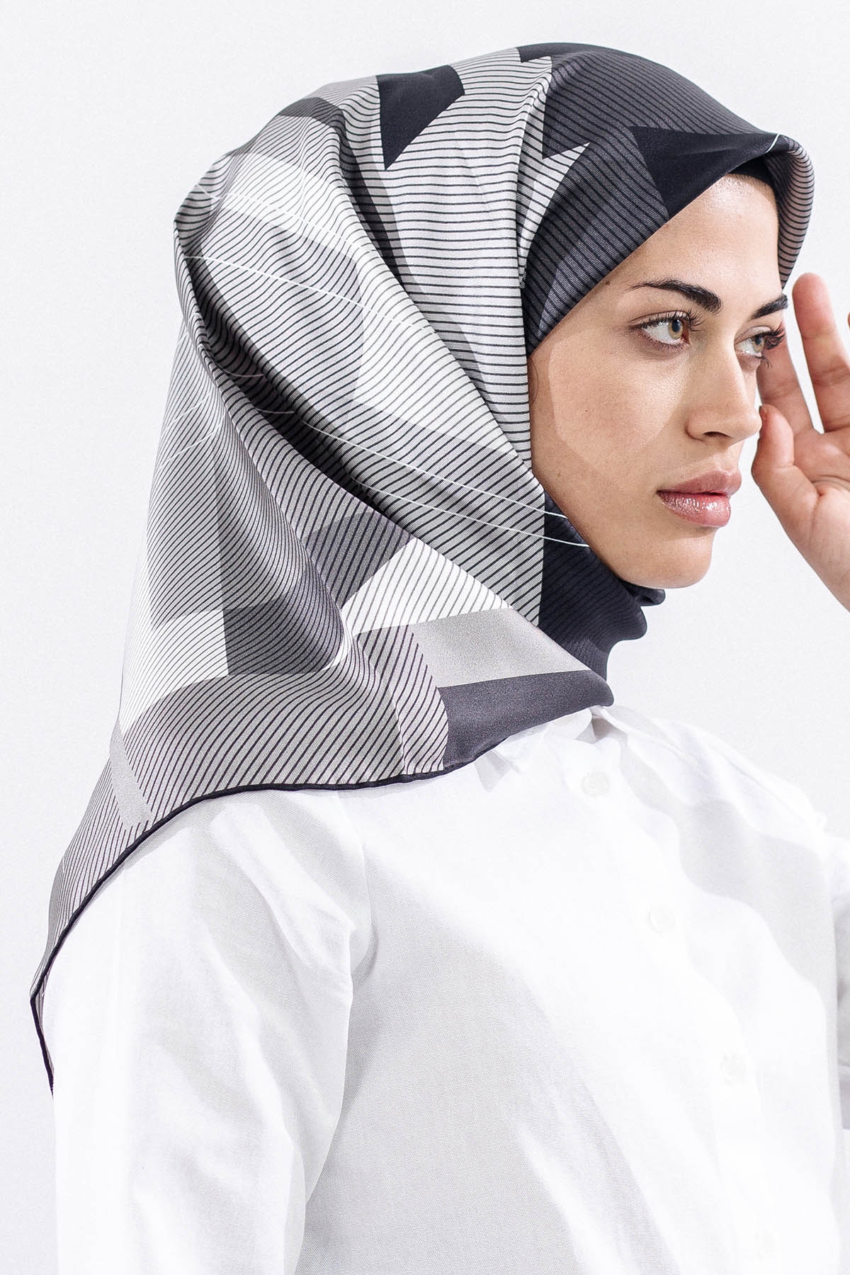 3838 İpek Eşarp 90*90 Tvıl Dokuma - Siyah_gri - 2