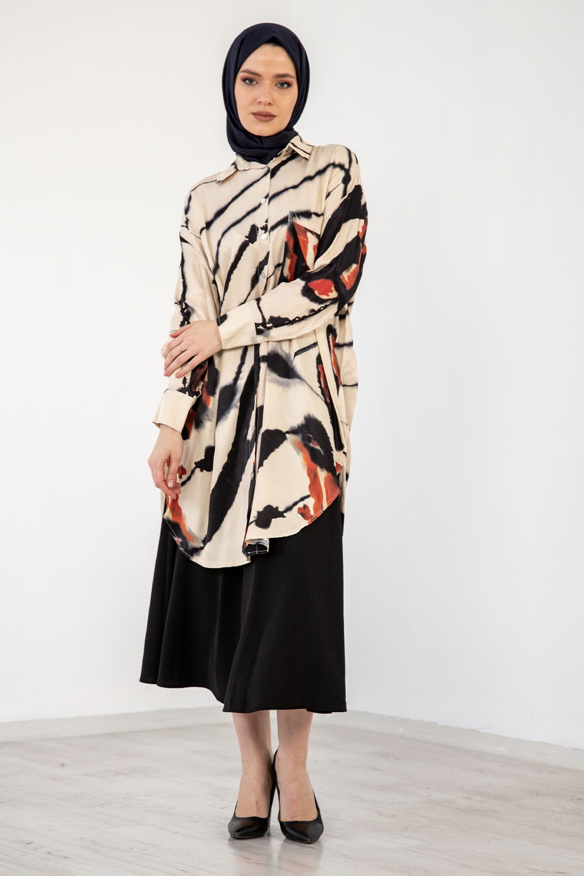 3935 Saten Tunik 38-44 - Siyah - 1