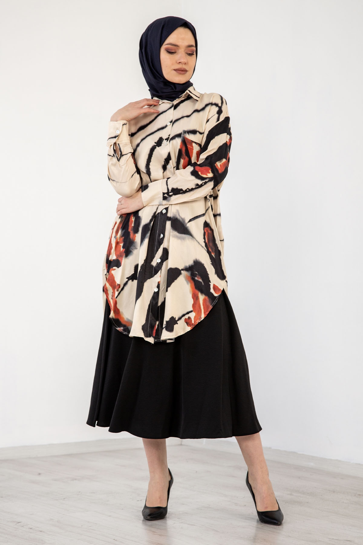 3935 Saten Tunik 38-44 - Siyah - 2