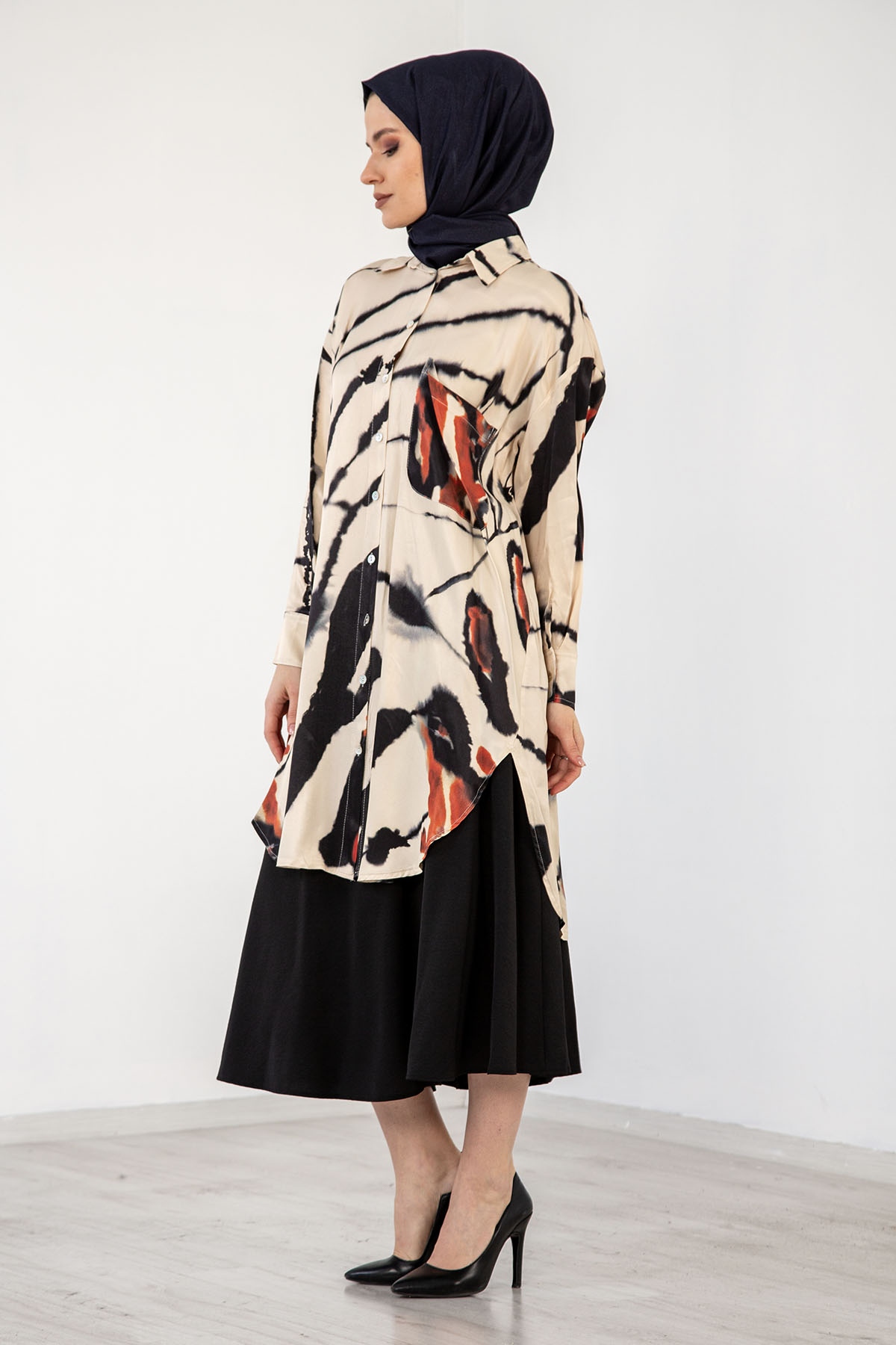 3935 Saten Tunik 38-44 - Siyah - 3