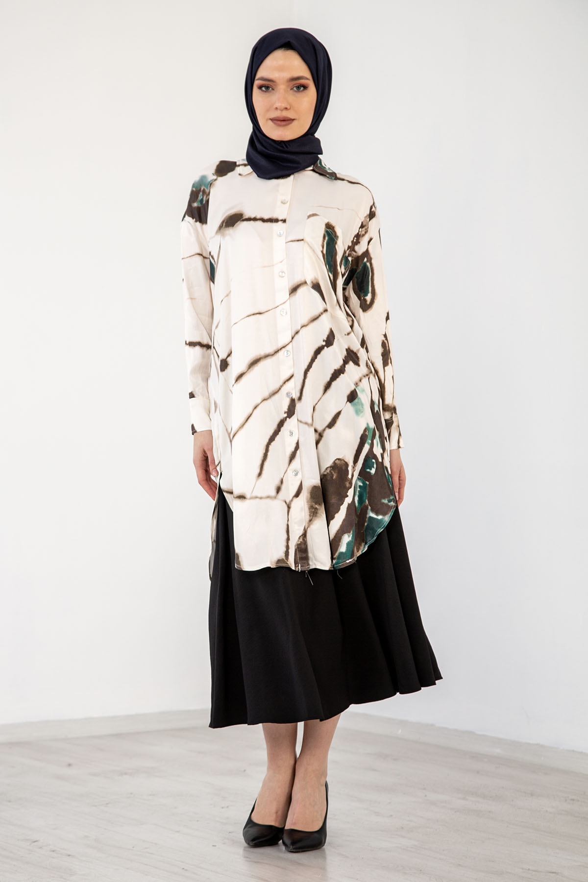 3935 Saten Tunik 38-44 - Yesil - 2