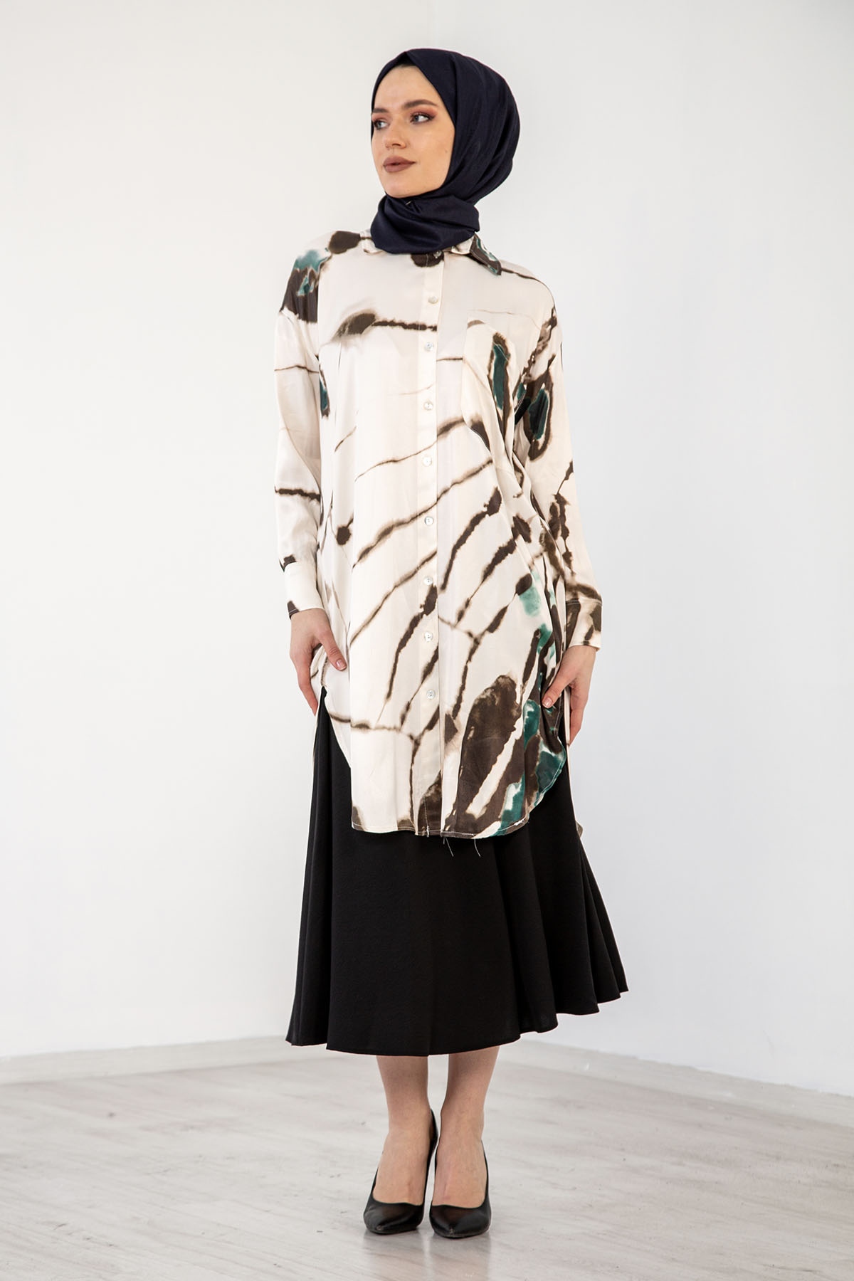 3935 Saten Tunik 38-44 - Yesil - 3