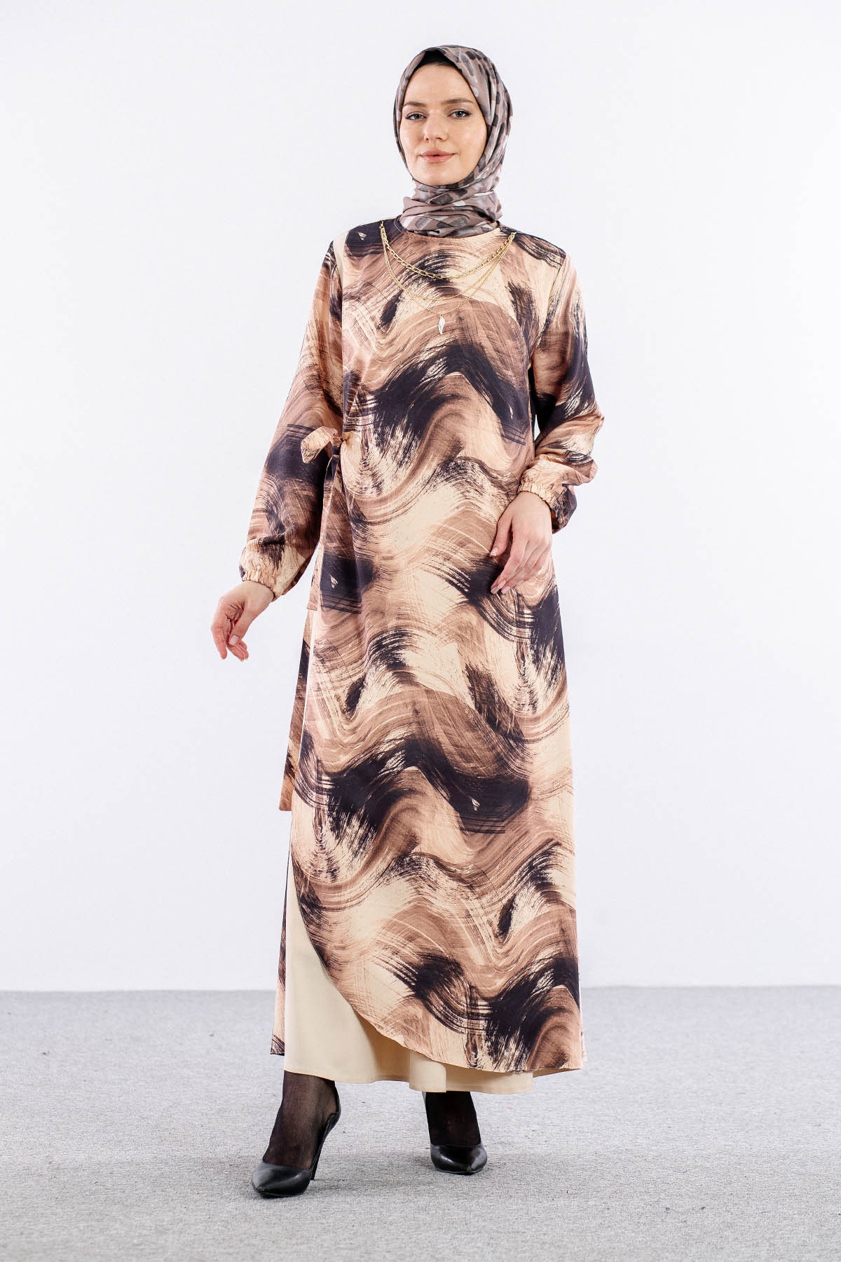 4002 Elbise 44-52 - Bej - 1