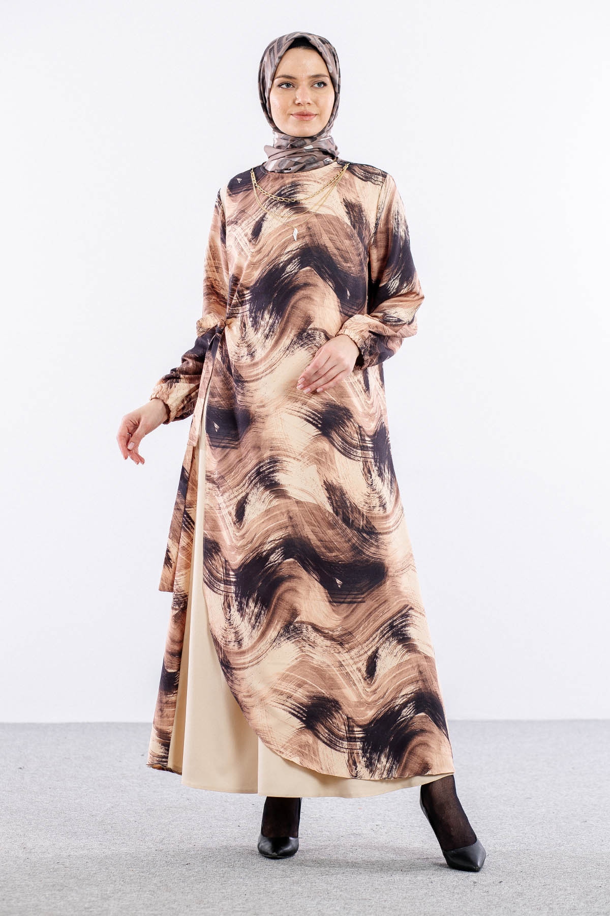 4002 Elbise 44-52 - Bej - 2