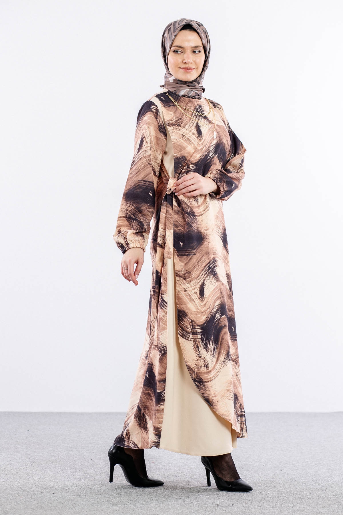 4002 Elbise 44-52 - Bej - 3