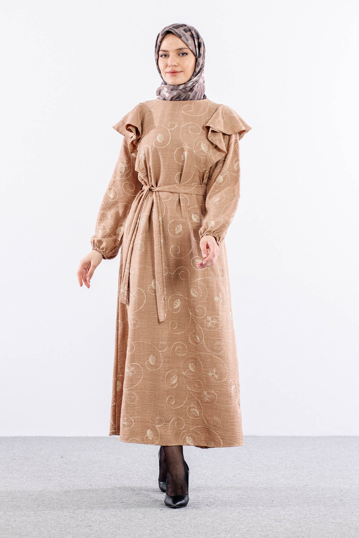 4006 Elbise 44-52 - Bej - 1