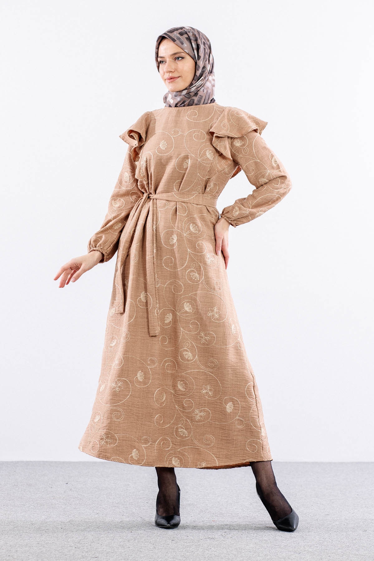 4006 Elbise 44-52 - Bej - 2