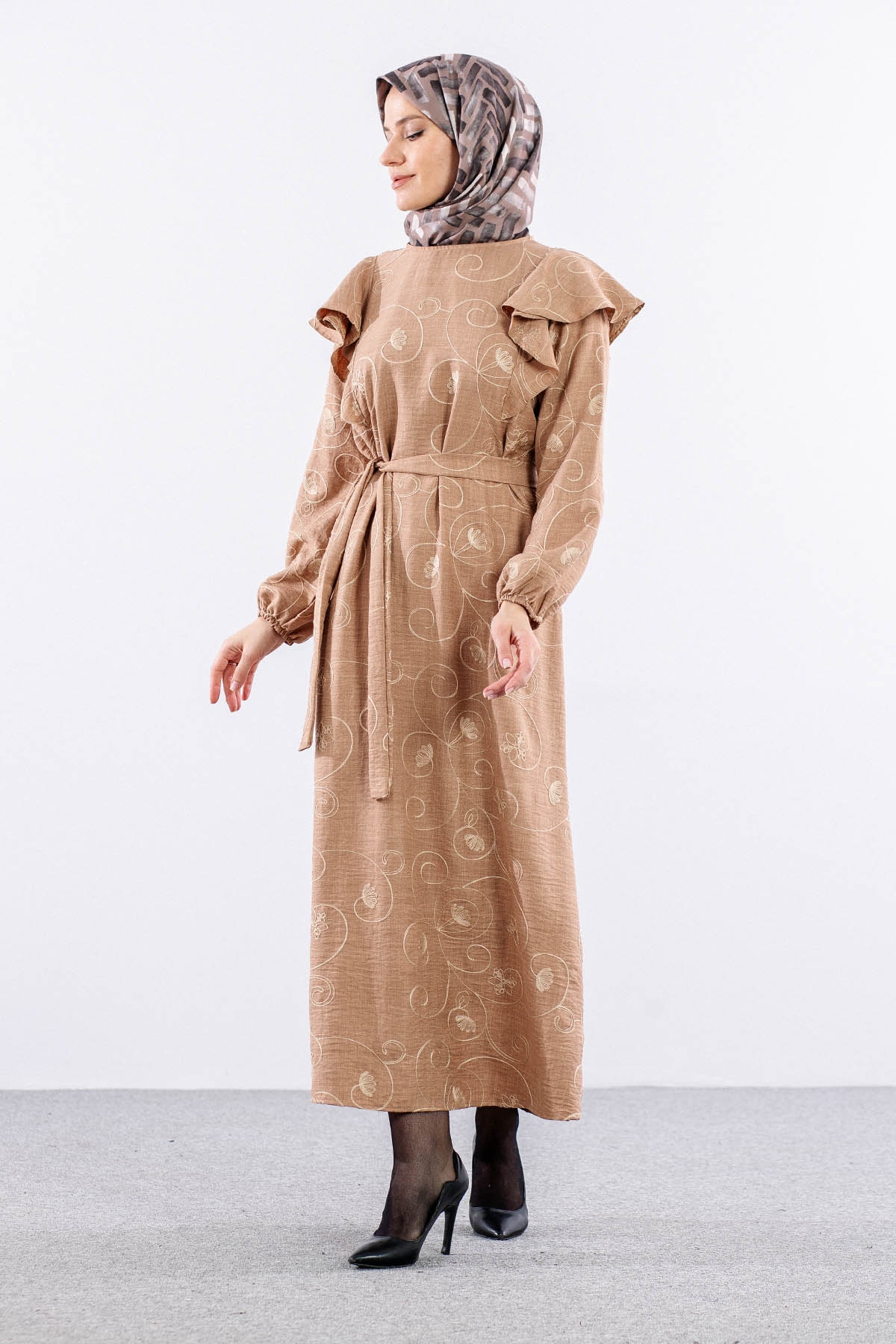 4006 Elbise 44-52 - Bej - 3