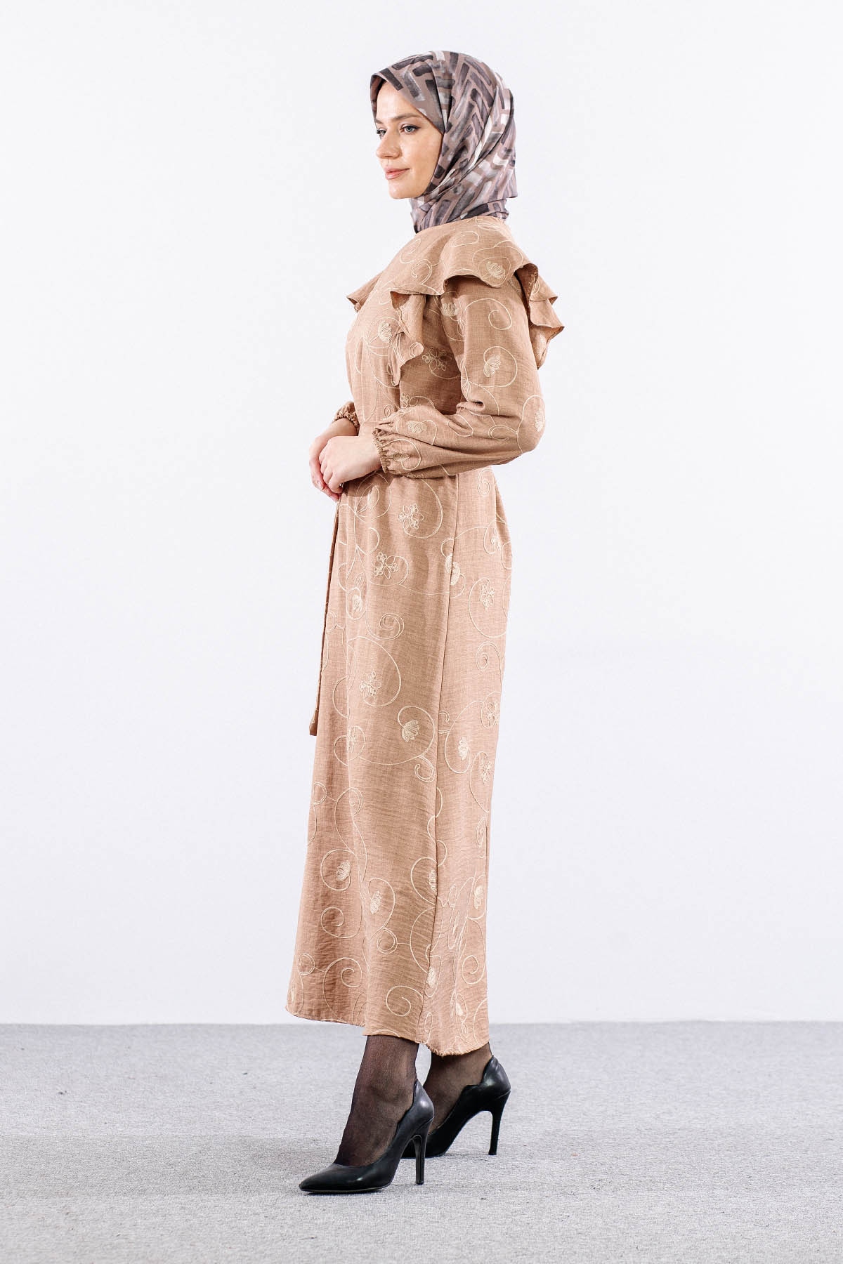 4006 Elbise 44-52 - Bej - 4