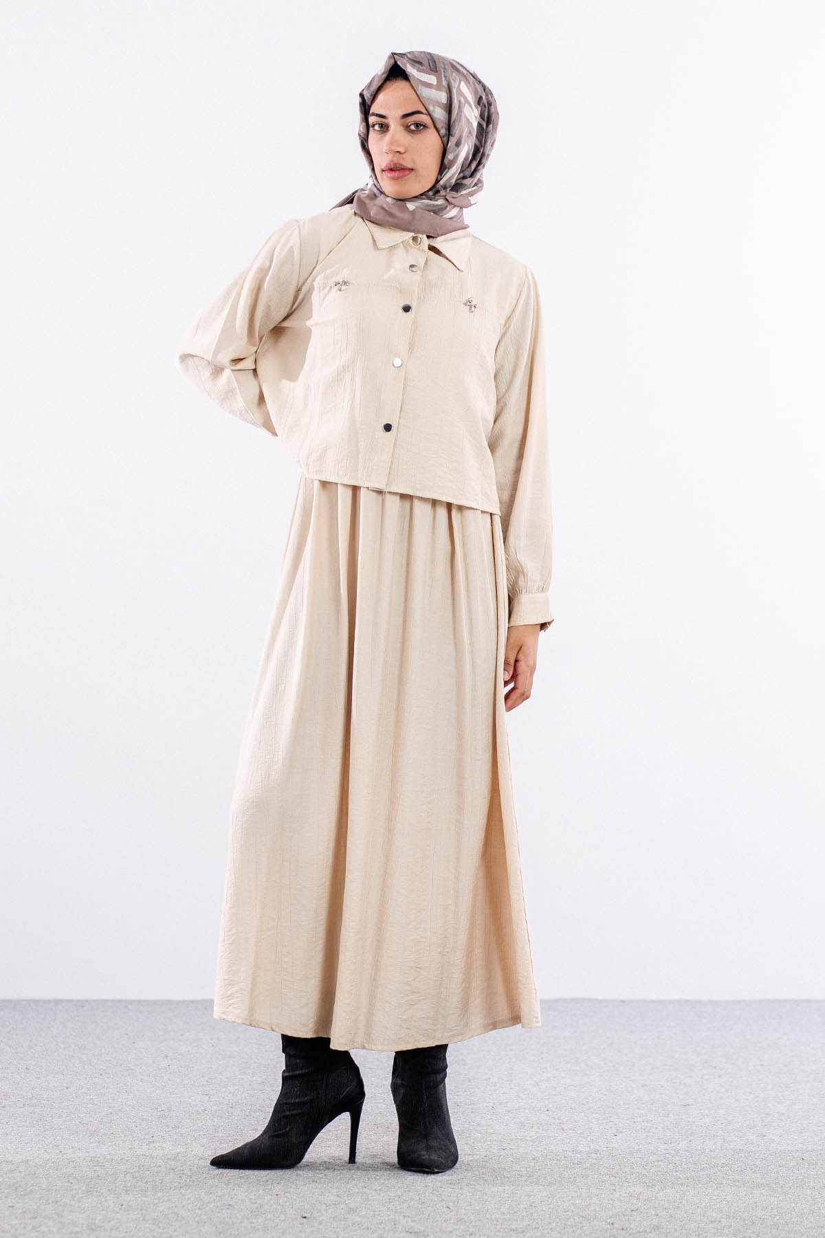 4007 2li Elbise 44-52 - Bej - 1