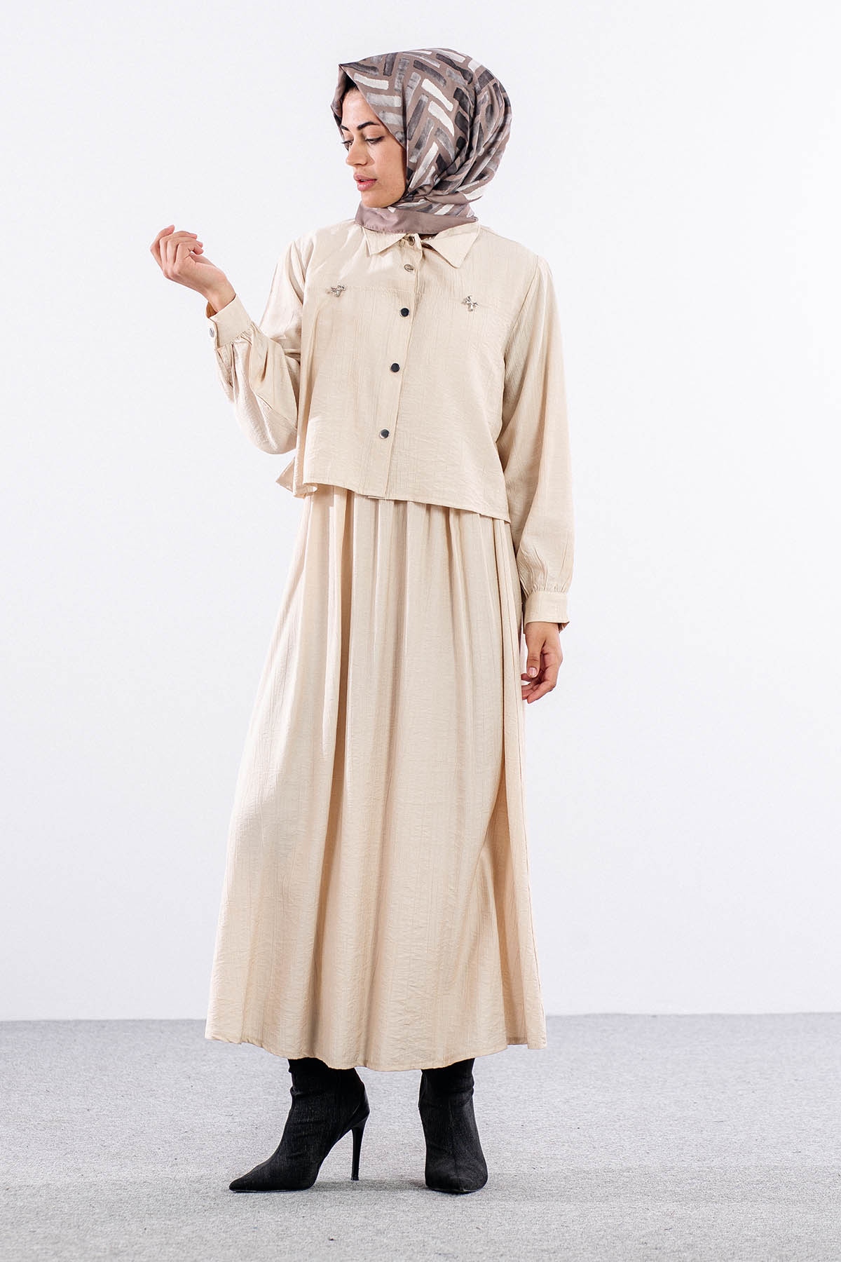 4007 2li Elbise 44-52 - Bej - 2