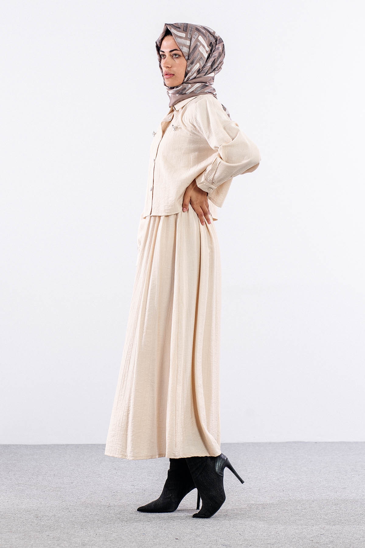 4007 2li Elbise 44-52 - Bej - 3