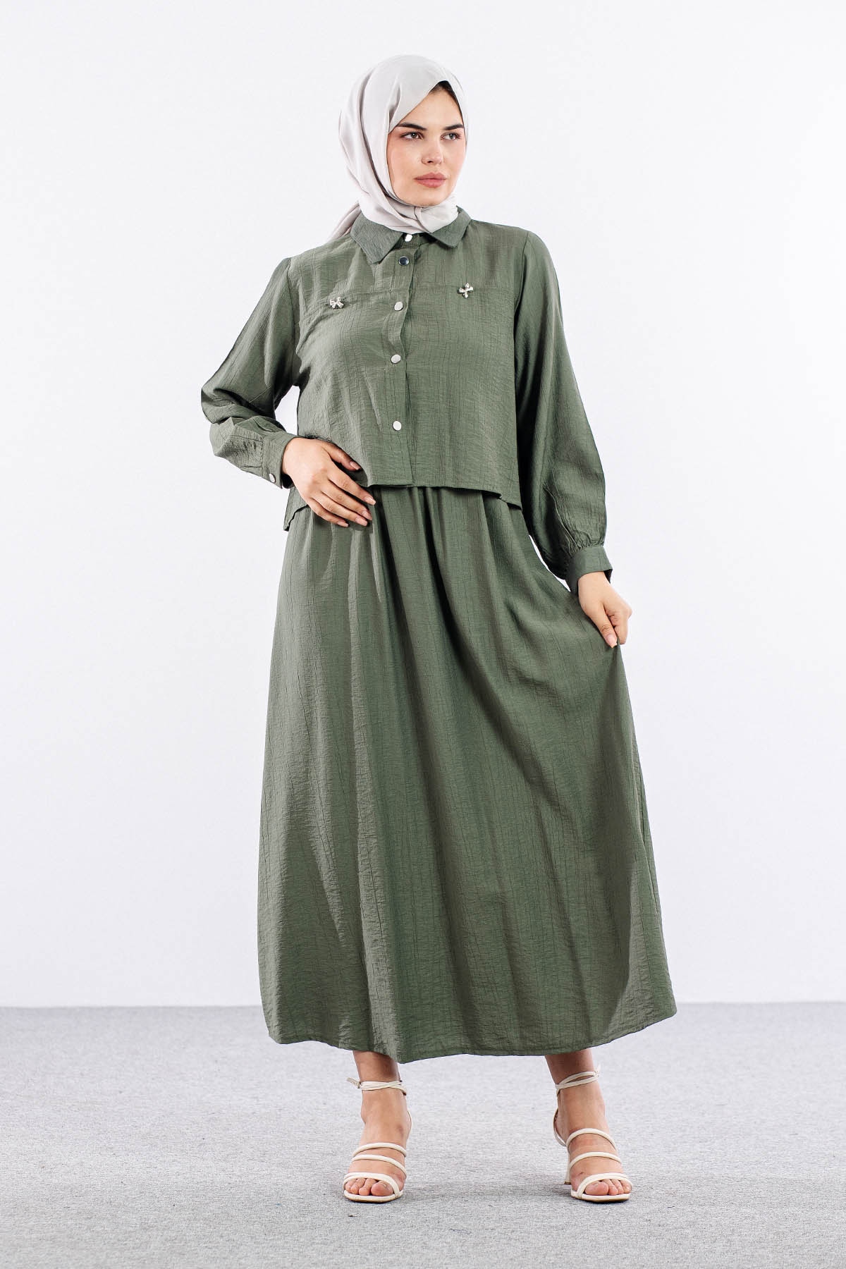 4007 2li Elbise 44-52 - Haki - 1