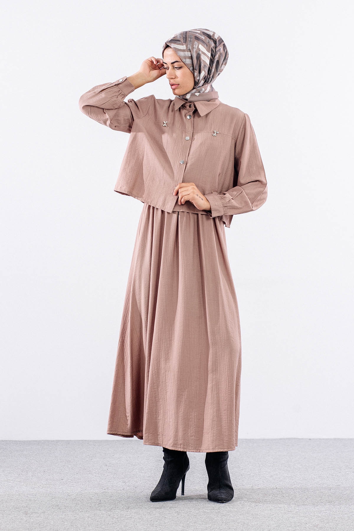 4007 2li Elbise 44-52 - Toprak - 1