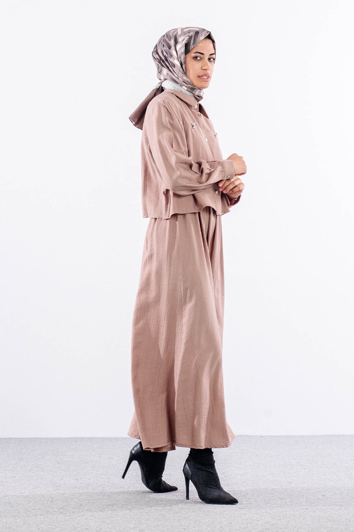 4007 2li Elbise 44-52 - Toprak - 4